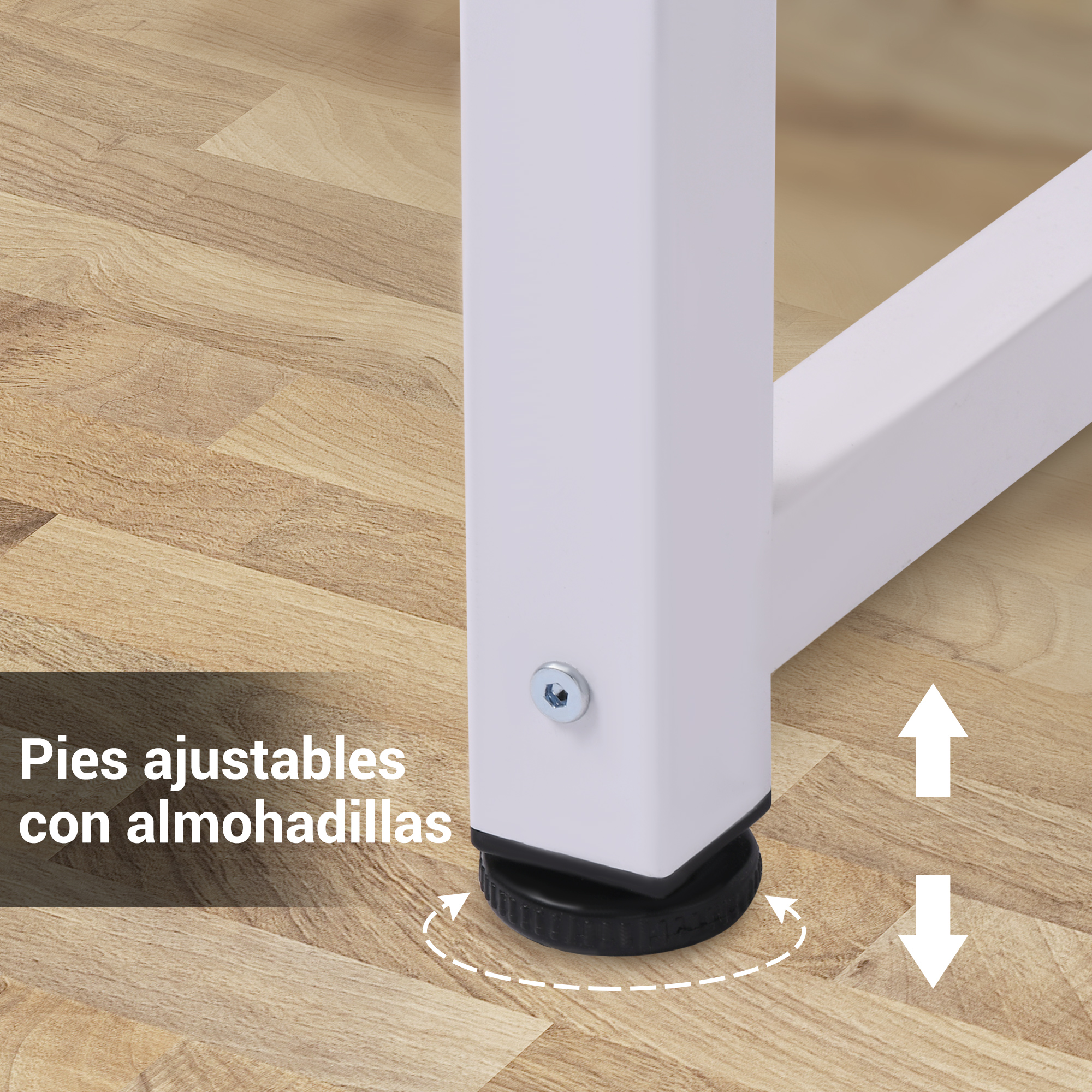 Pata de mesa blanca con pie negro ajustable sobre suelo de madera, flechas indican dirección de ajuste y texto.