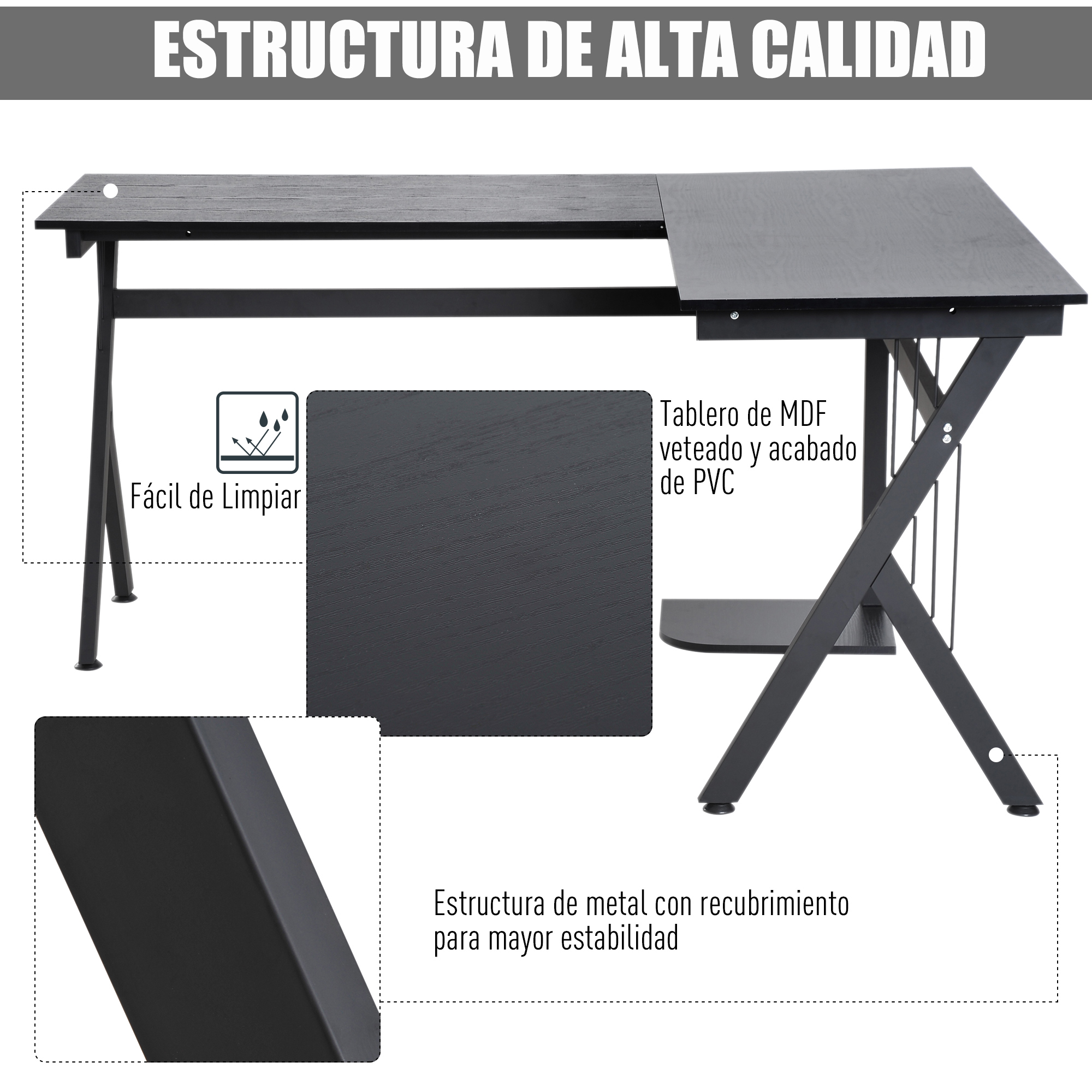 Un escritorio negro con tapa de madera y patas metálicas, etiquetado con características como fácil limpieza y estabilidad.