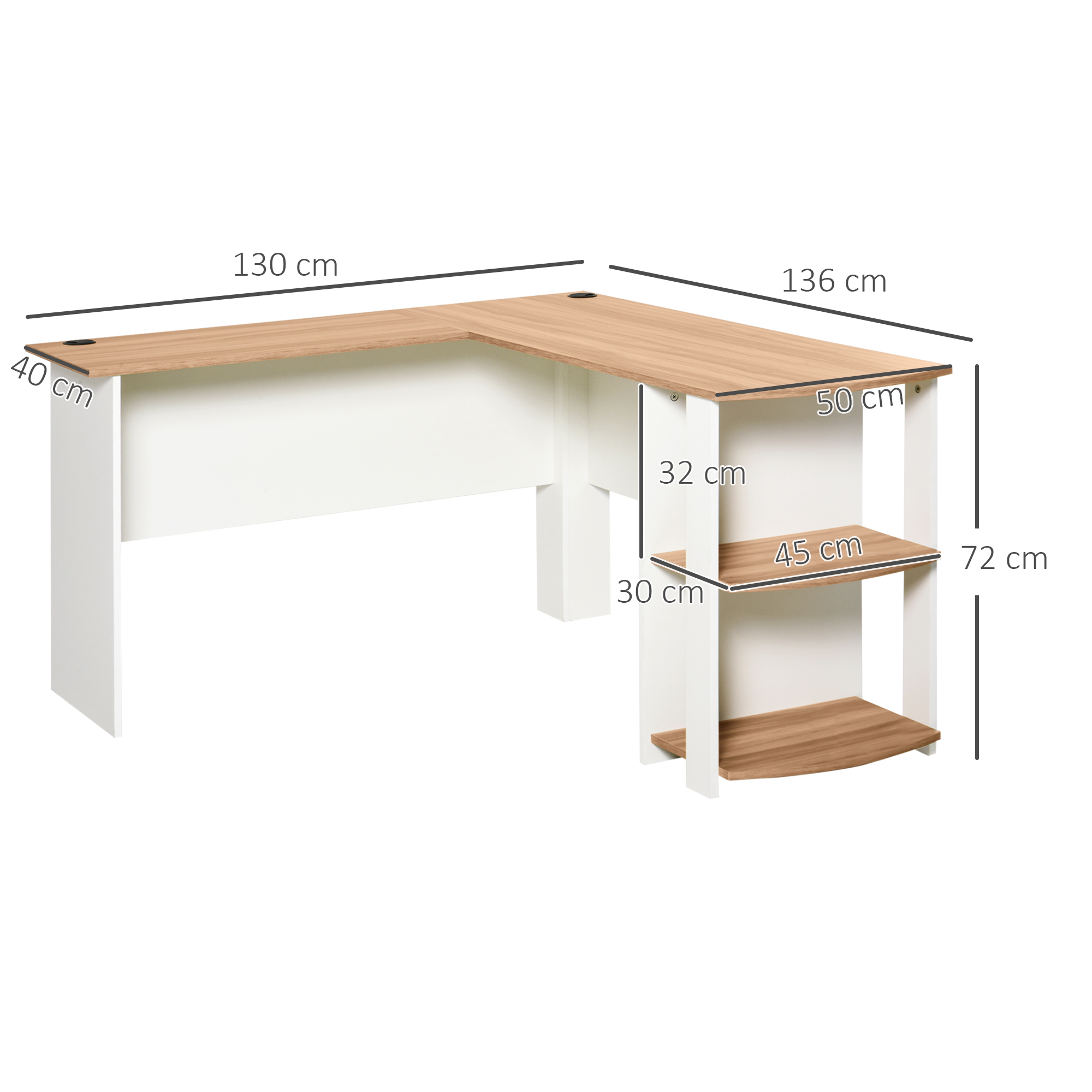 Un escritorio en forma de L con tapa de madera clara y patas blancas. Tiene estantes laterales para almacenamiento. Dimensiones etiquetadas.