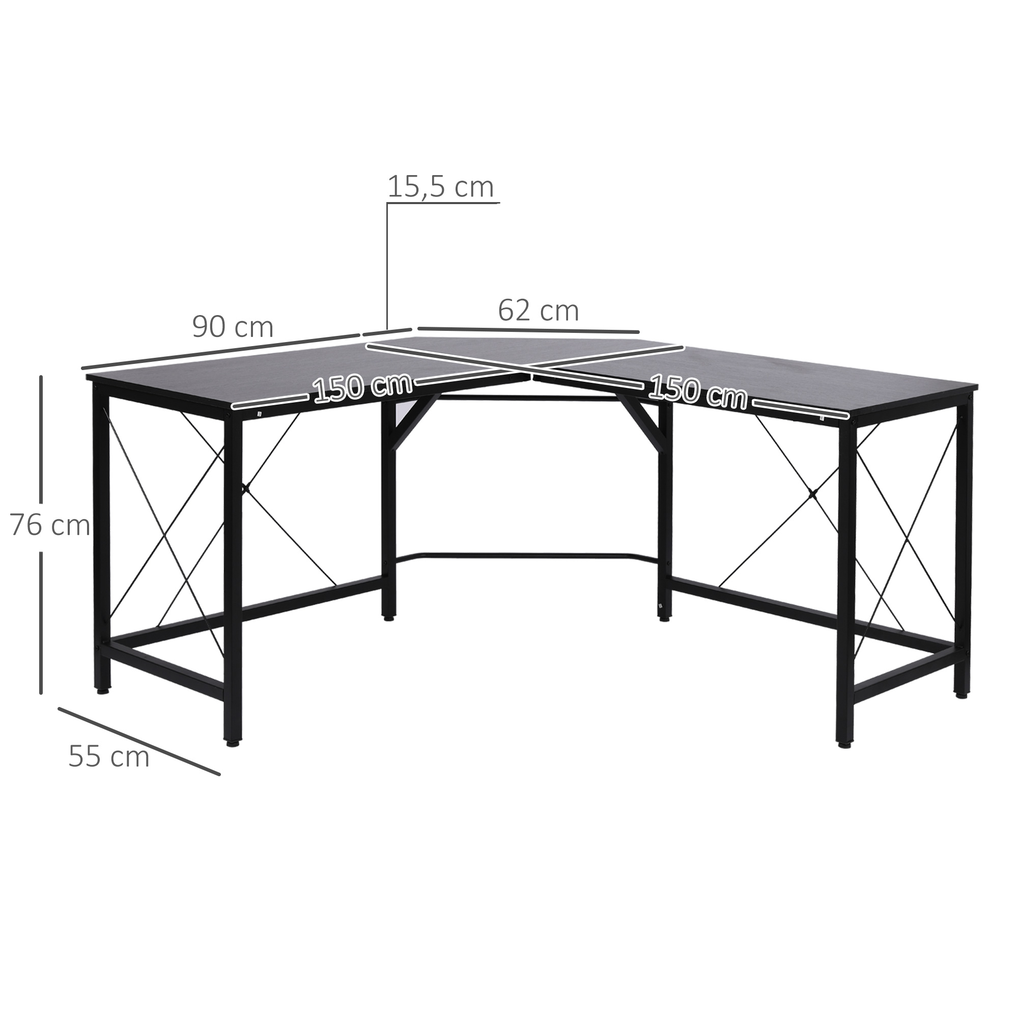 Un escritorio negro en forma de L con dimensiones: 90 cm, 150 cm, 62 cm, 150 cm, 55 cm y 76 cm. El escritorio tiene una estructura metálica negra.