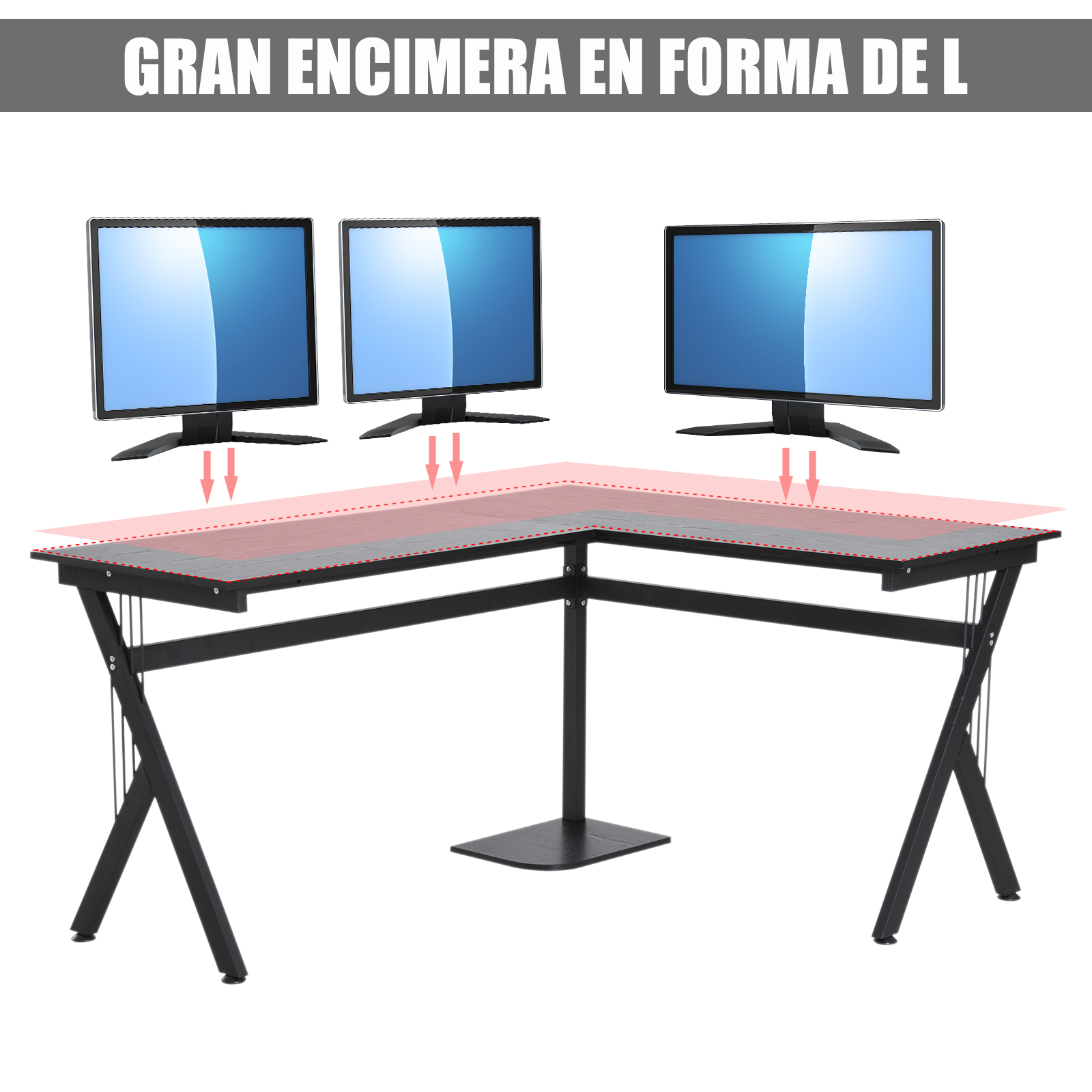 Un escritorio negro en forma de L con tres monitores encima. El escritorio tiene un marco negro y una tapa oscura con aspecto de madera.
