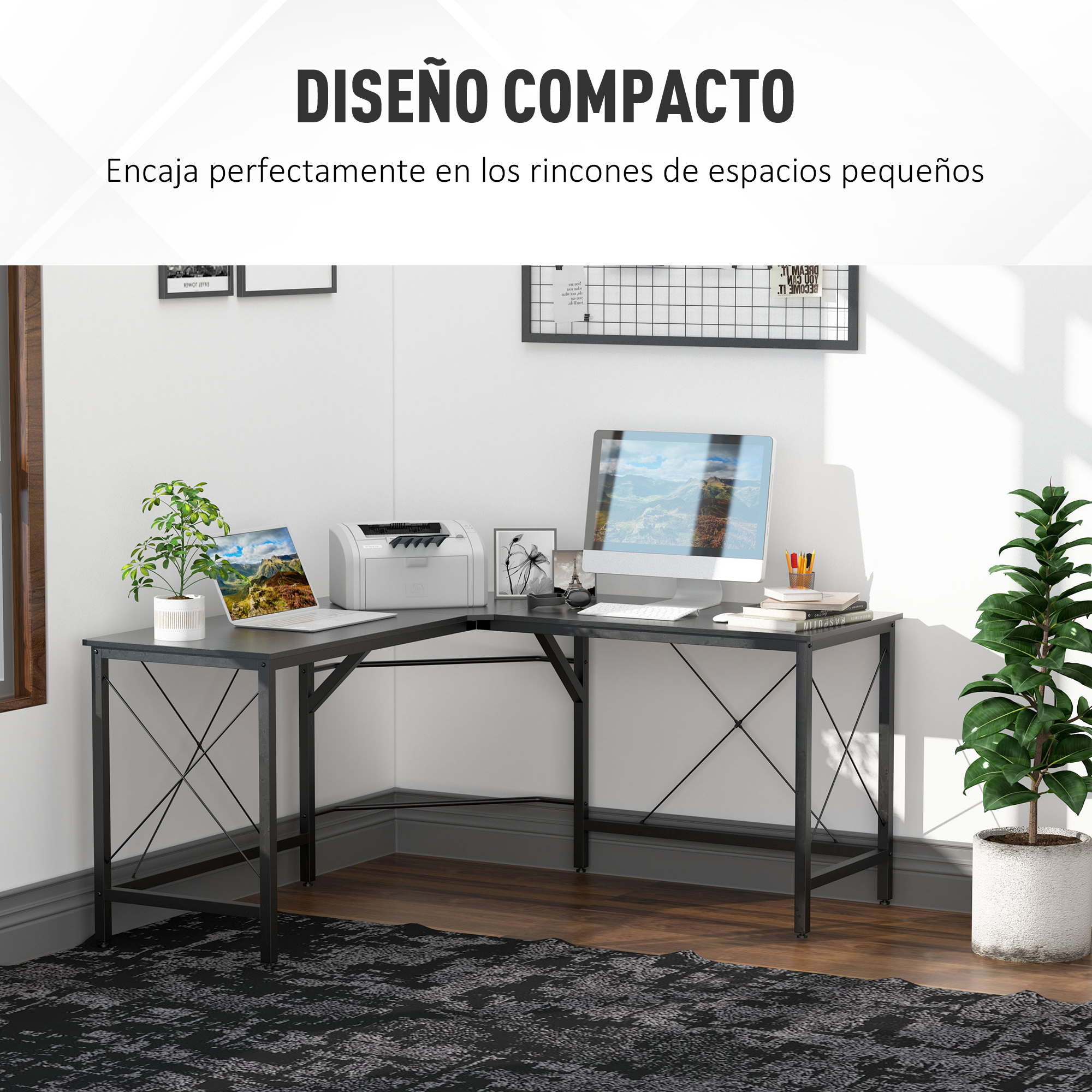 Una moderna oficina con escritorio, ordenador, impresora y plantas, con una alfombra negra y gris.