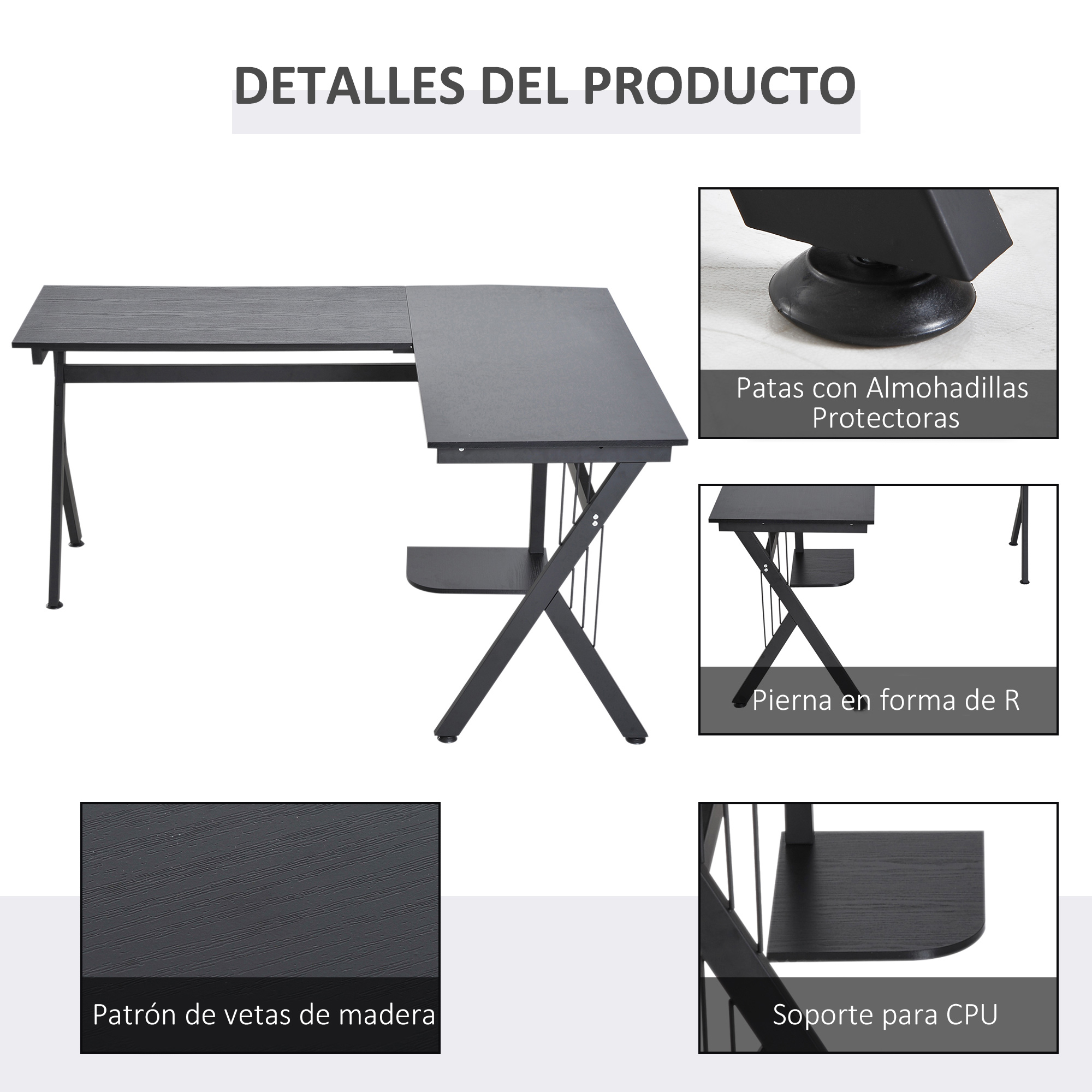 Escritorio negro en forma de L con vetas de madera, patas en forma de R, soporte para CPU y almohadillas protectoras. Detalles incluidos.