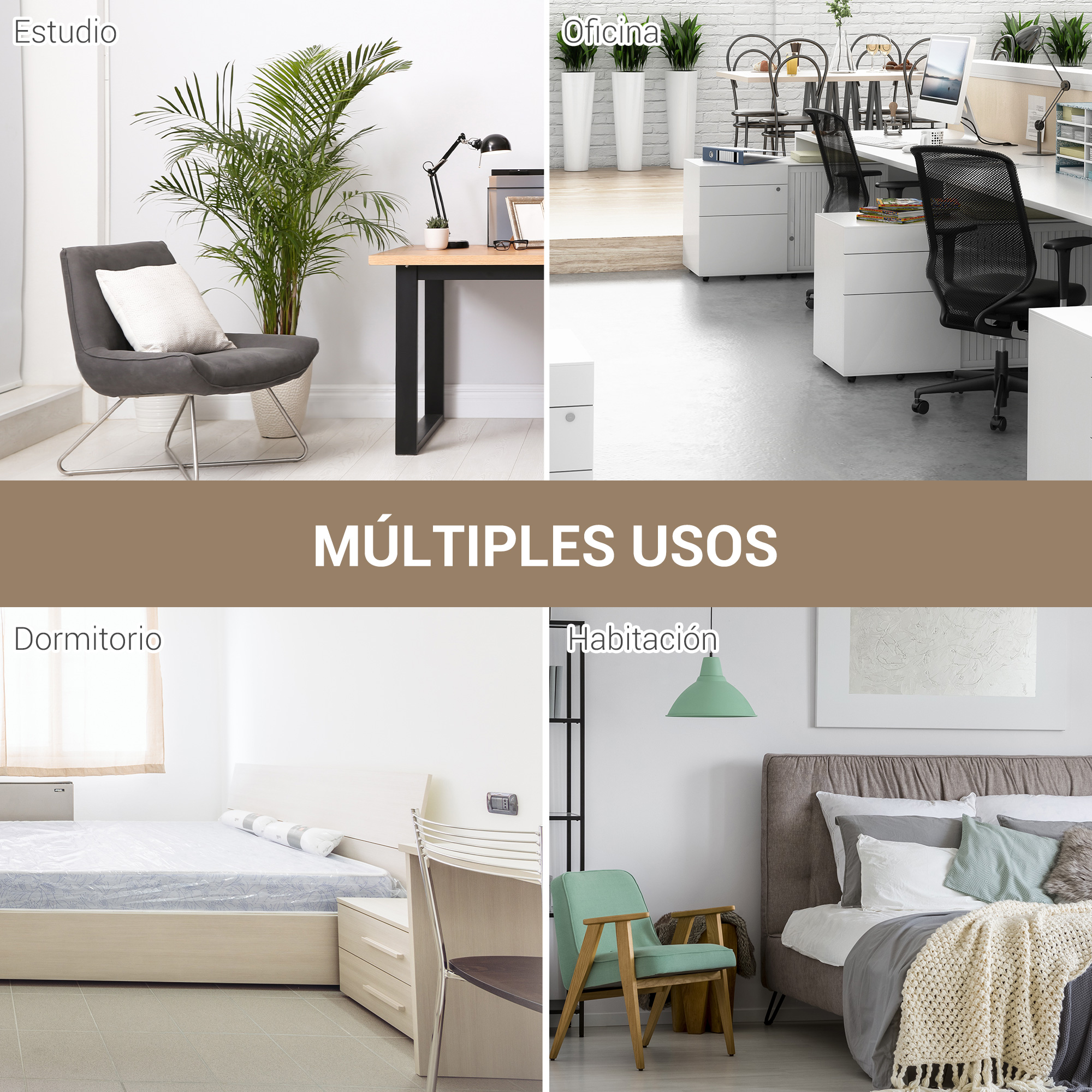 La imagen muestra cuatro escenas de diseño de interiores: estudio, oficina, dormitorio y otro dormitorio. Cada uno muestra muebles y decoración.