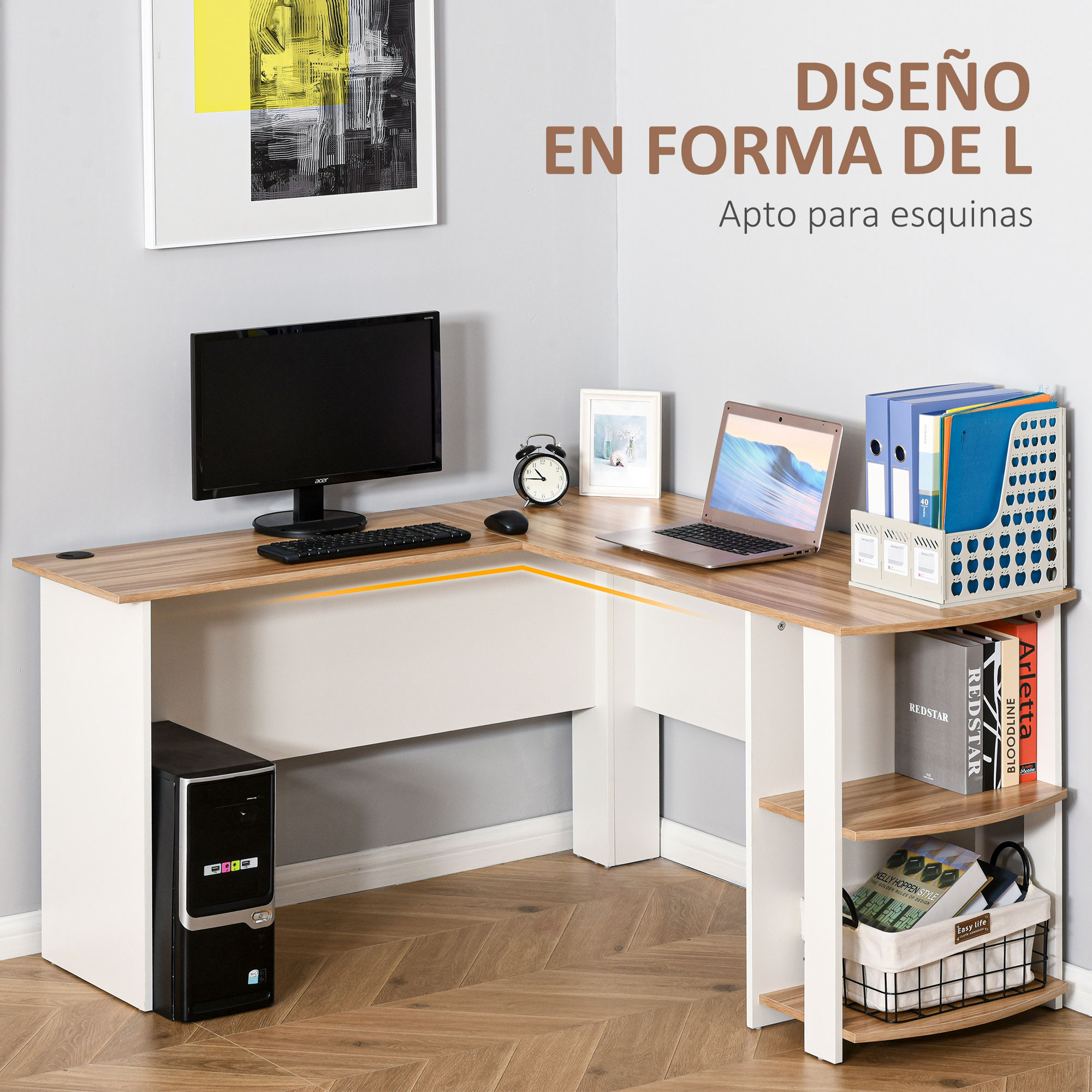 Escritorio en forma de L con computadora, portátil y accesorios. Estanterías a un lado, con diseño moderno.