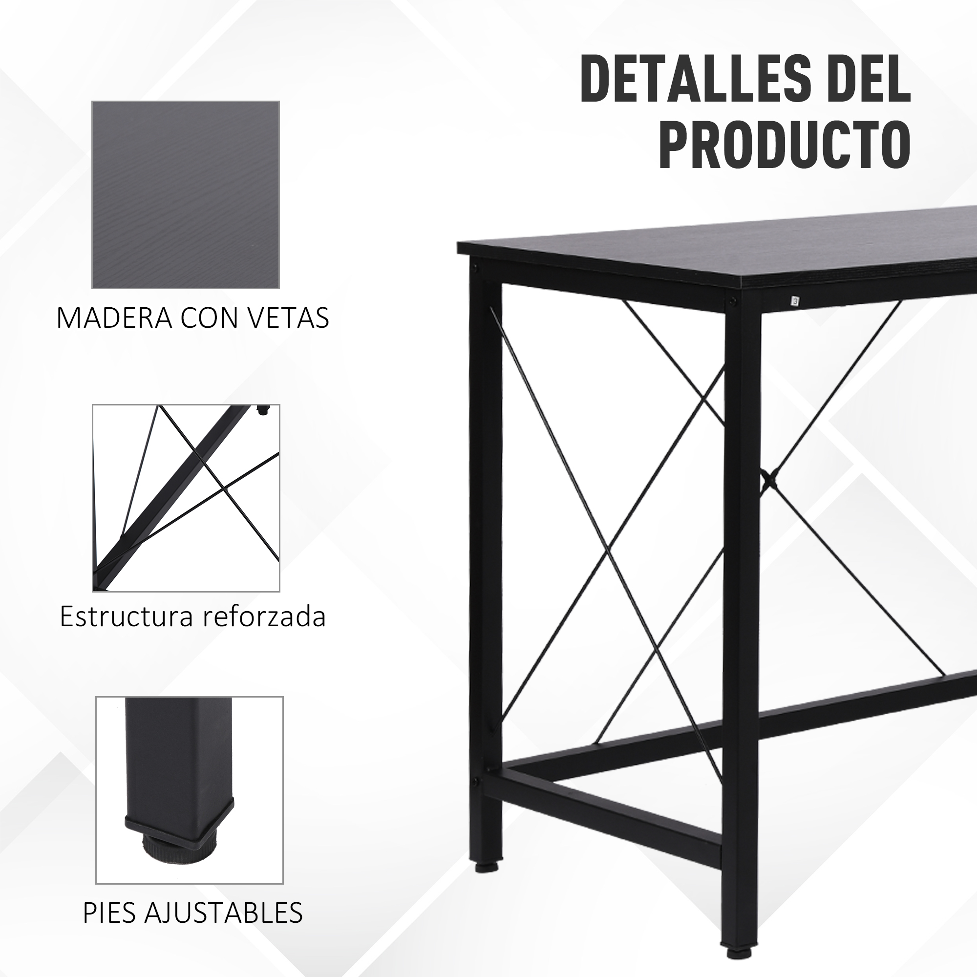Primer plano de una mesa negra con tapa de madera. Detalles incluyen vetas, estructura reforzada y pies ajustables.