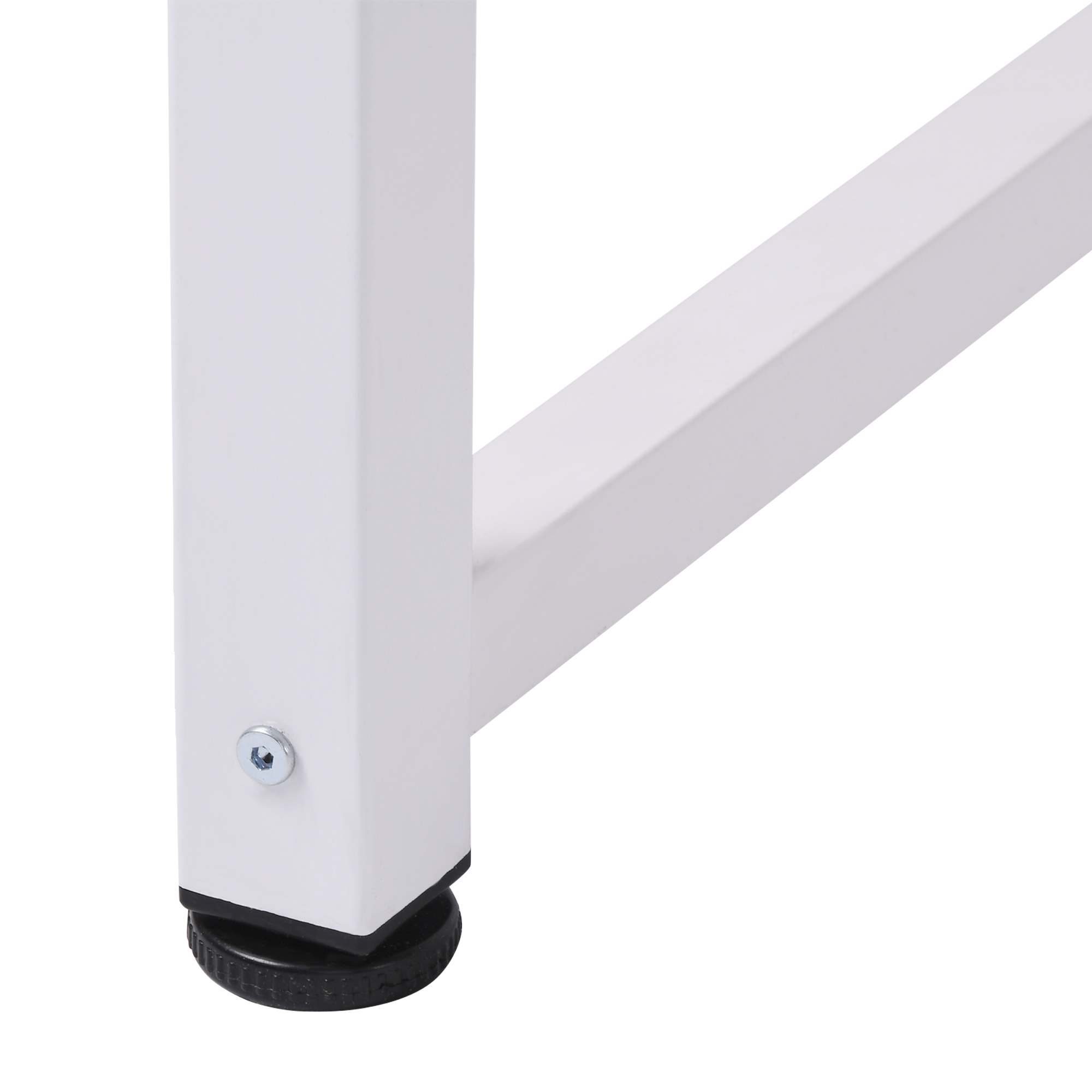 Una pata de mesa blanca con base negra. Se ve un tornillo. El fondo es blanco.