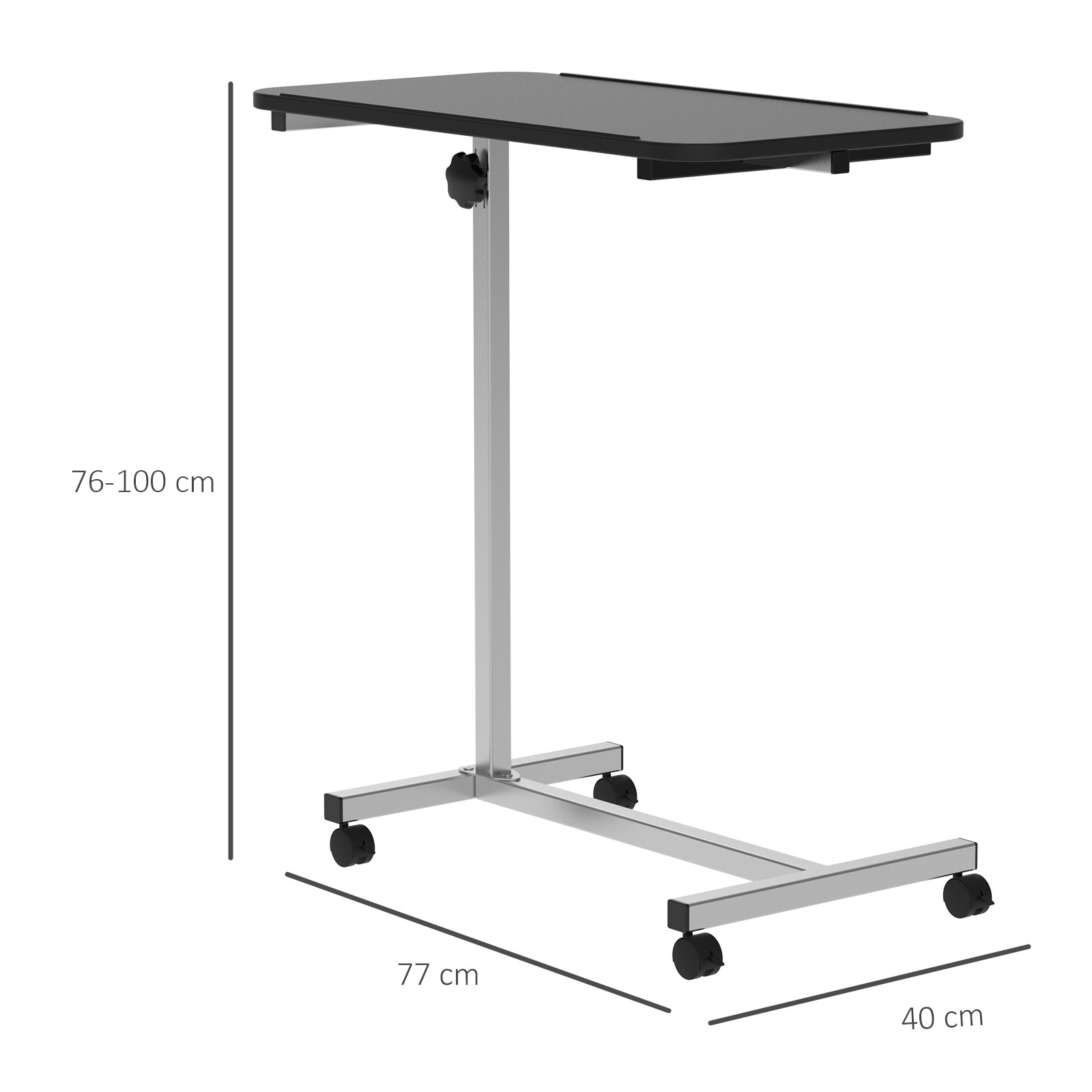 Una mesa negra ajustable en altura sobre ruedas. Marco plateado, tablero negro y ruedas negras. Se muestran las medidas.