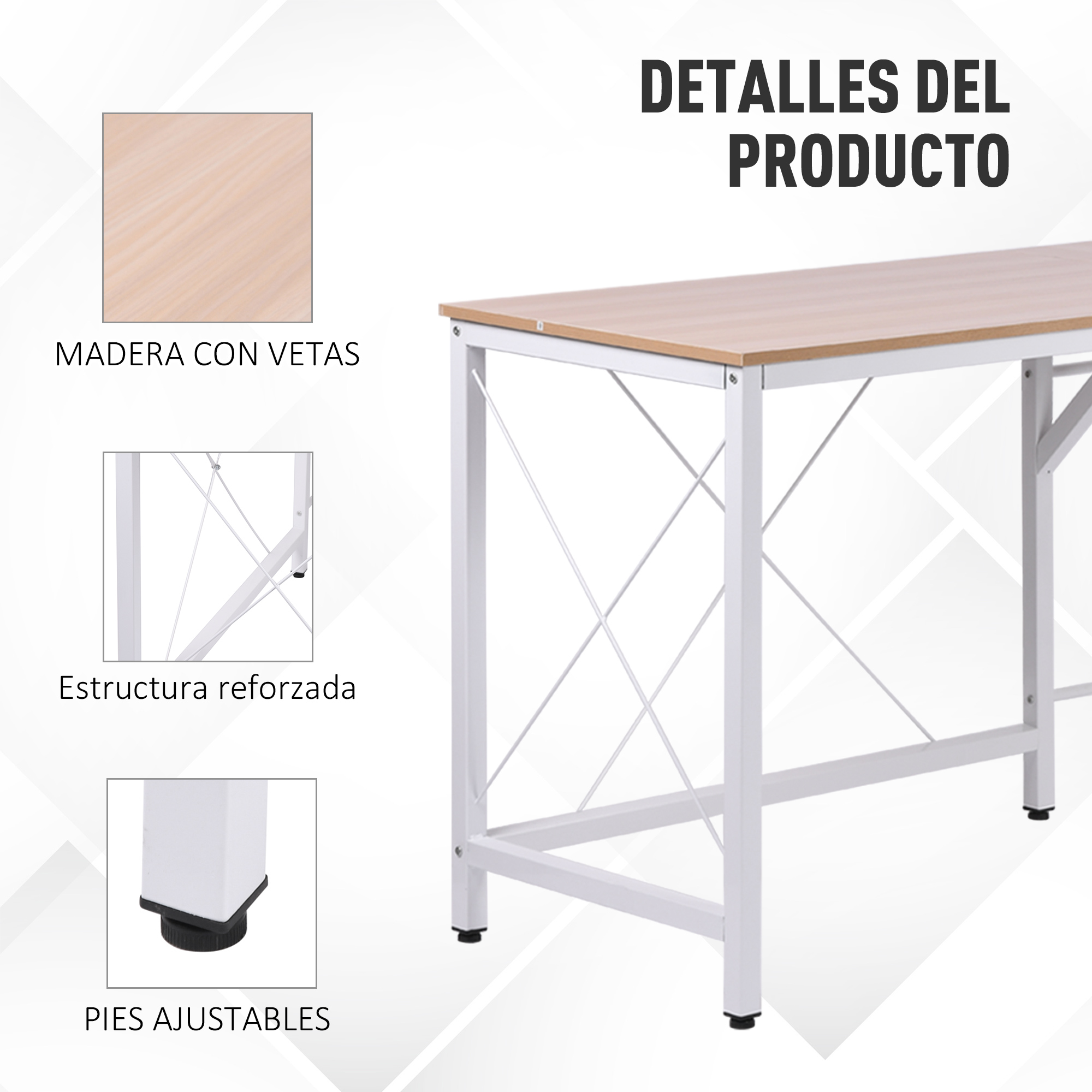 Un escritorio con tapa de madera y patas de metal blanco. Detalles muestran vetas de madera, estructura reforzada y pies ajustables.