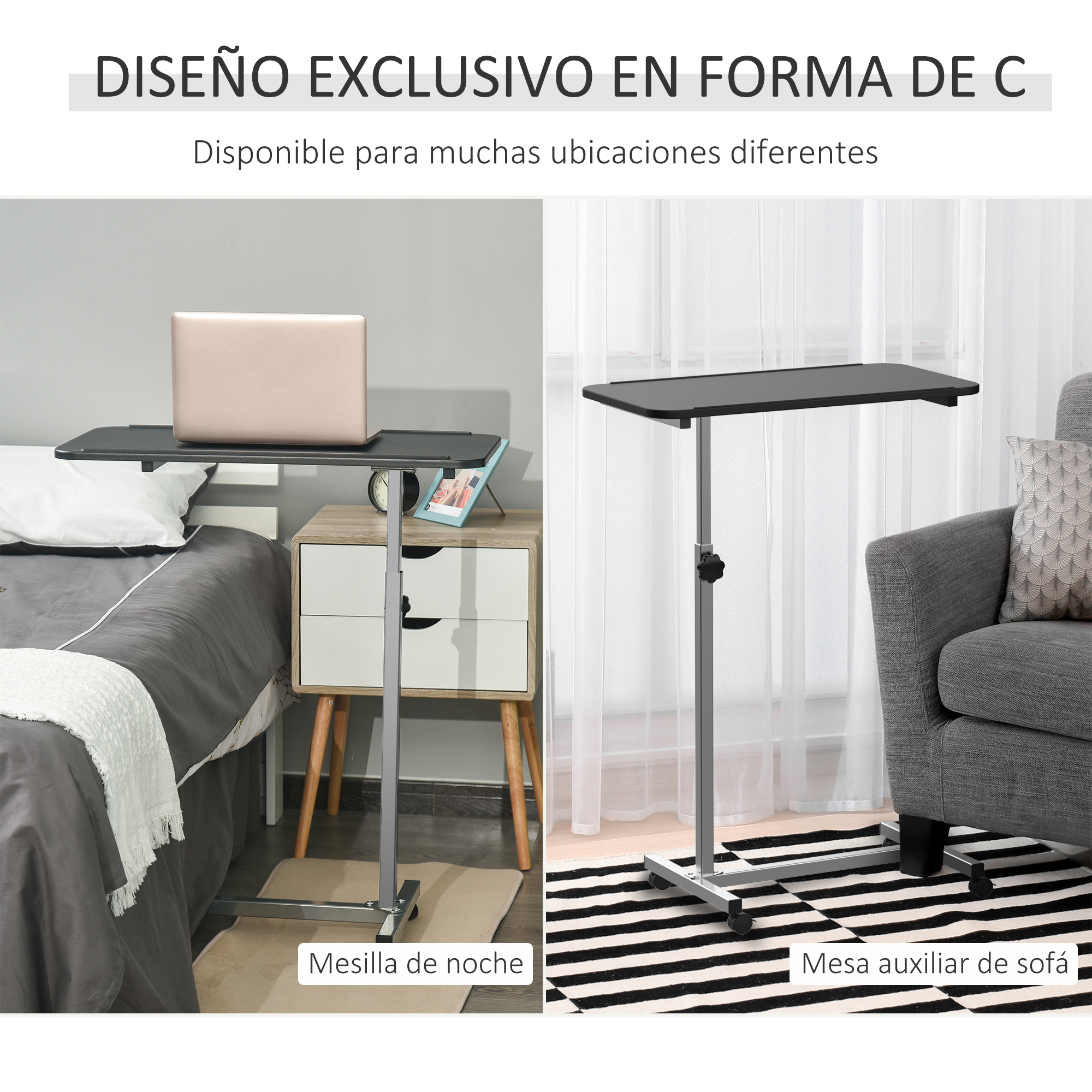 Dos mesas en forma de C. Una con una laptop junto a una cama, la otra junto a un sofá. Ambas son negras y plateadas.