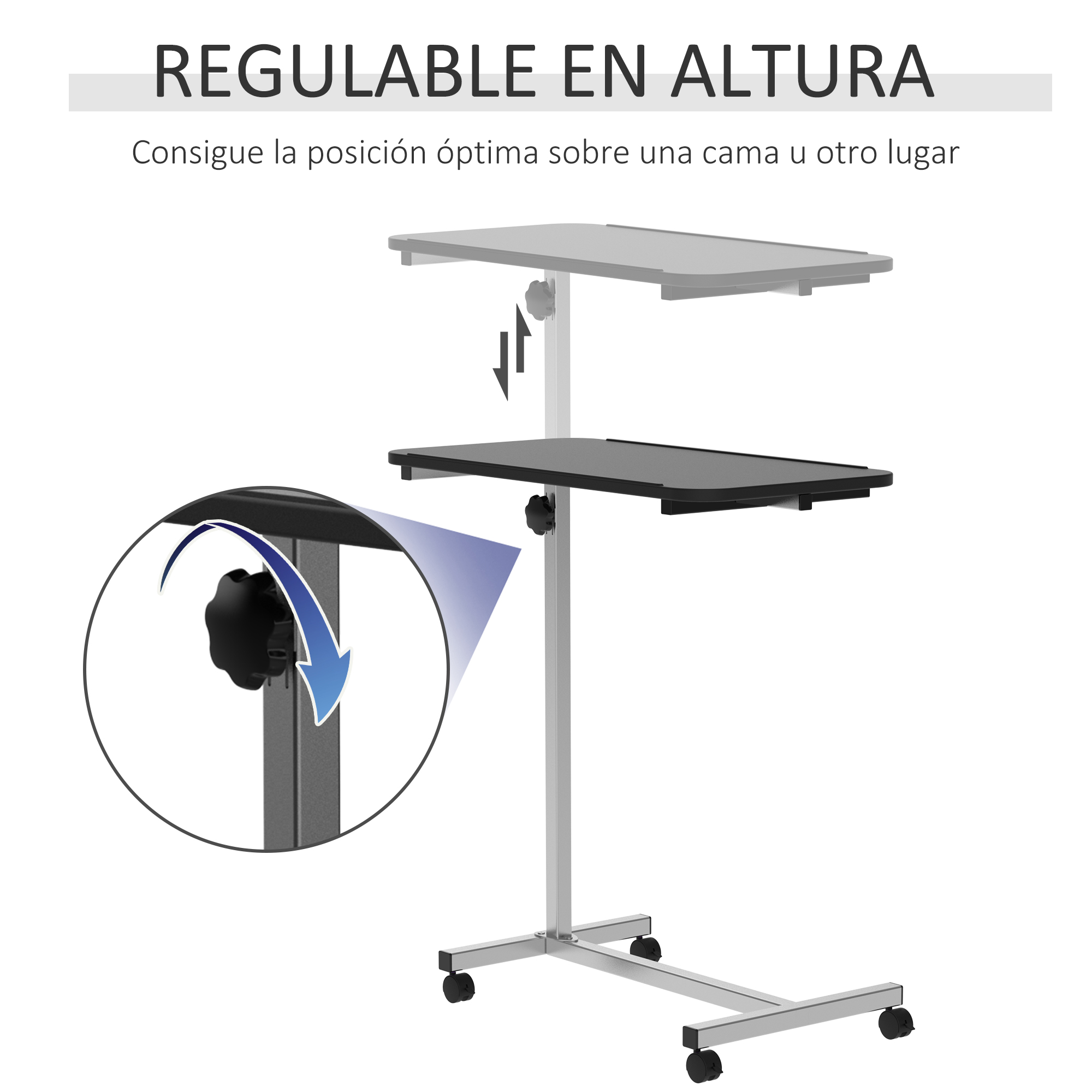 Una mesa de altura ajustable con una encimera negra. Un primer plano muestra la perilla de ajuste. La mesa está sobre ruedas.