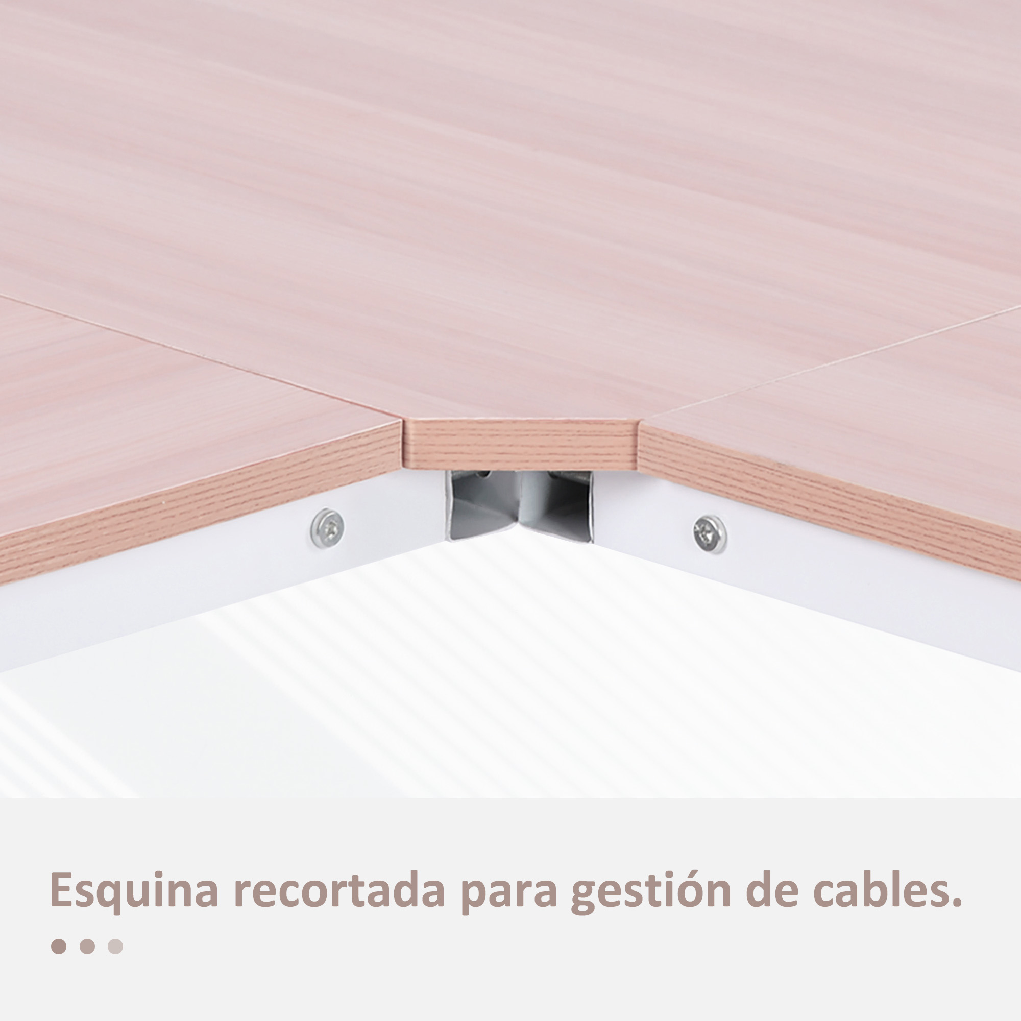 Primer plano de una esquina de escritorio de madera. Tiene un corte para gestión de cables. Tornillos visibles. Marco blanco.