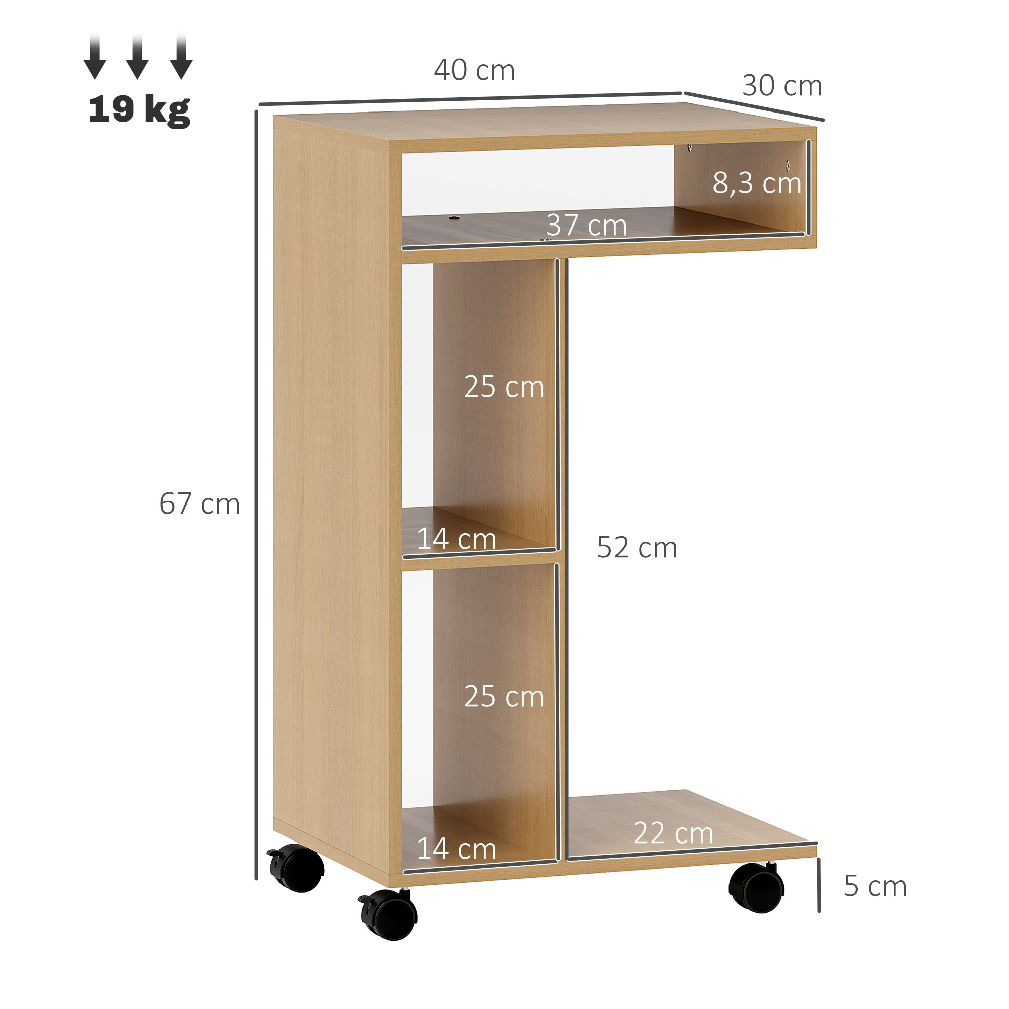 Una mesita auxiliar de color madera clara con estantes y una superficie superior. Tiene ruedas y está etiquetada con dimensiones.