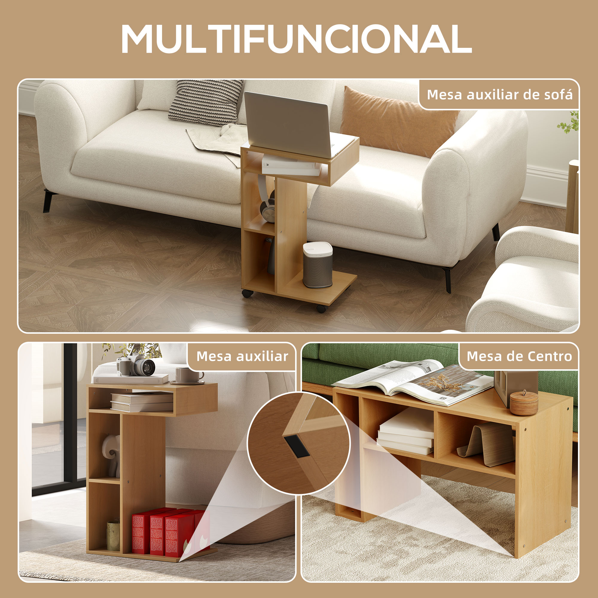 Una mesa auxiliar multifuncional de madera con portátil, libros y estantes junto a un sofá blanco.