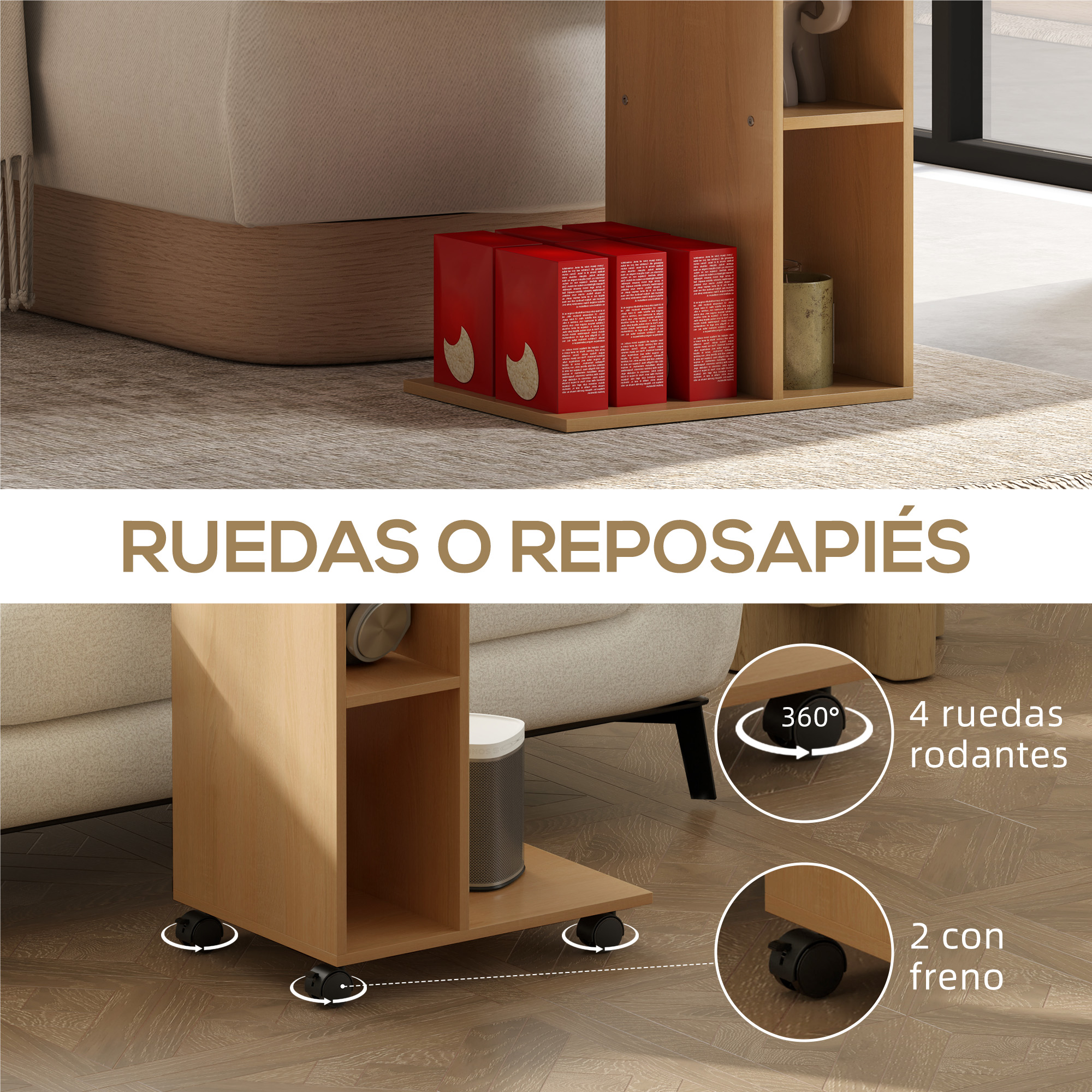 Una mesita de noche de madera con ruedas, cajas rojas encima y una cama crema a la izquierda.