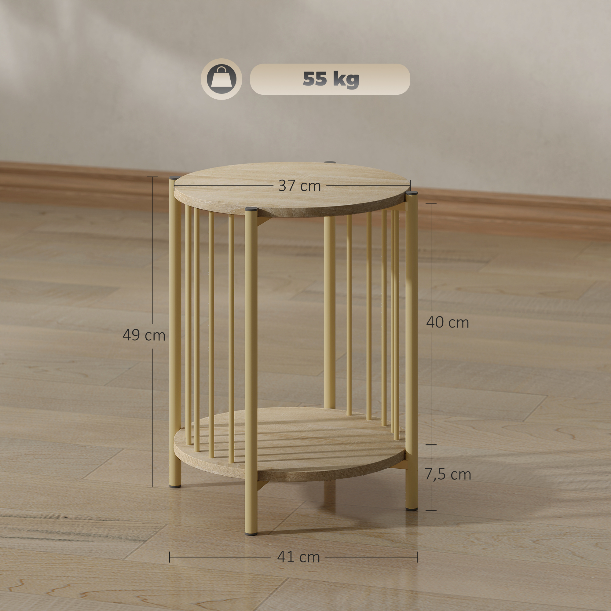 Una mesa auxiliar redonda con dos niveles. Es de color beige con dimensiones etiquetadas. El fondo es una pared lisa y un suelo de madera.