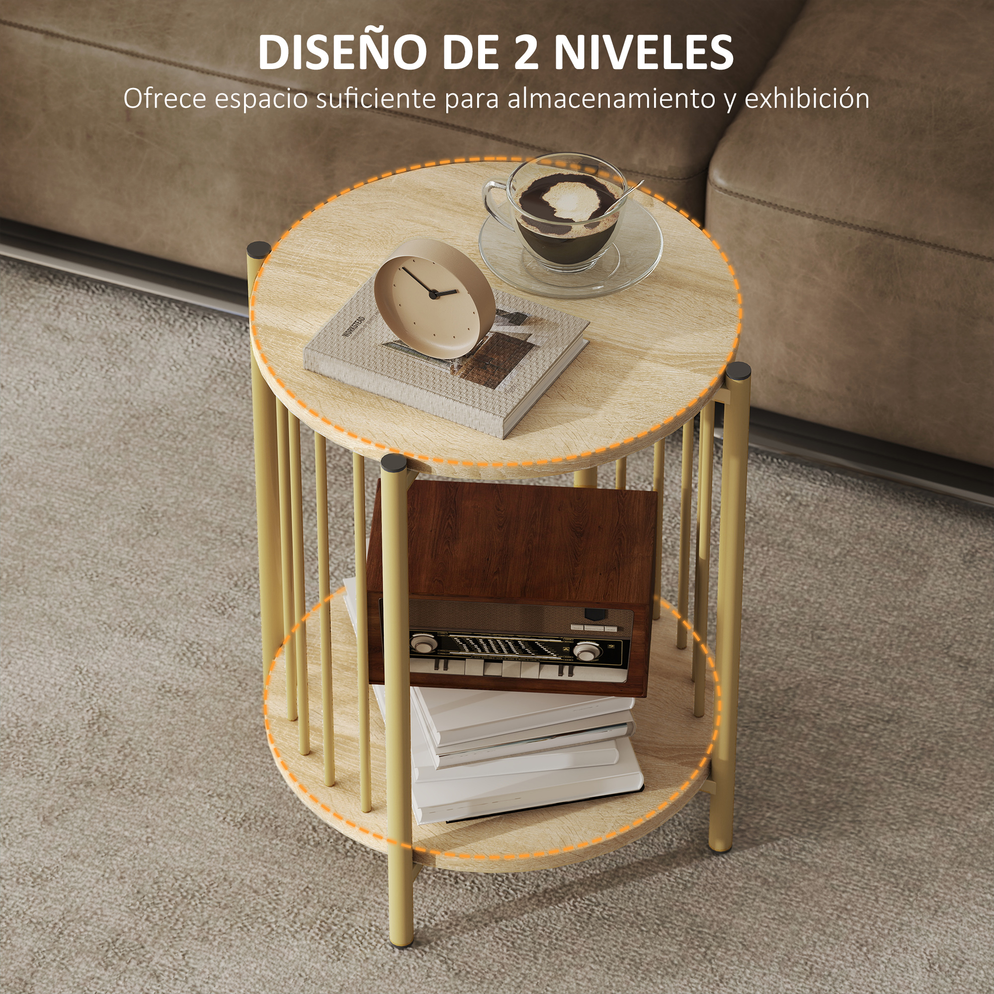 Una mesa auxiliar de dos niveles. Tiene un reloj, libros, café y una radio antigua.
