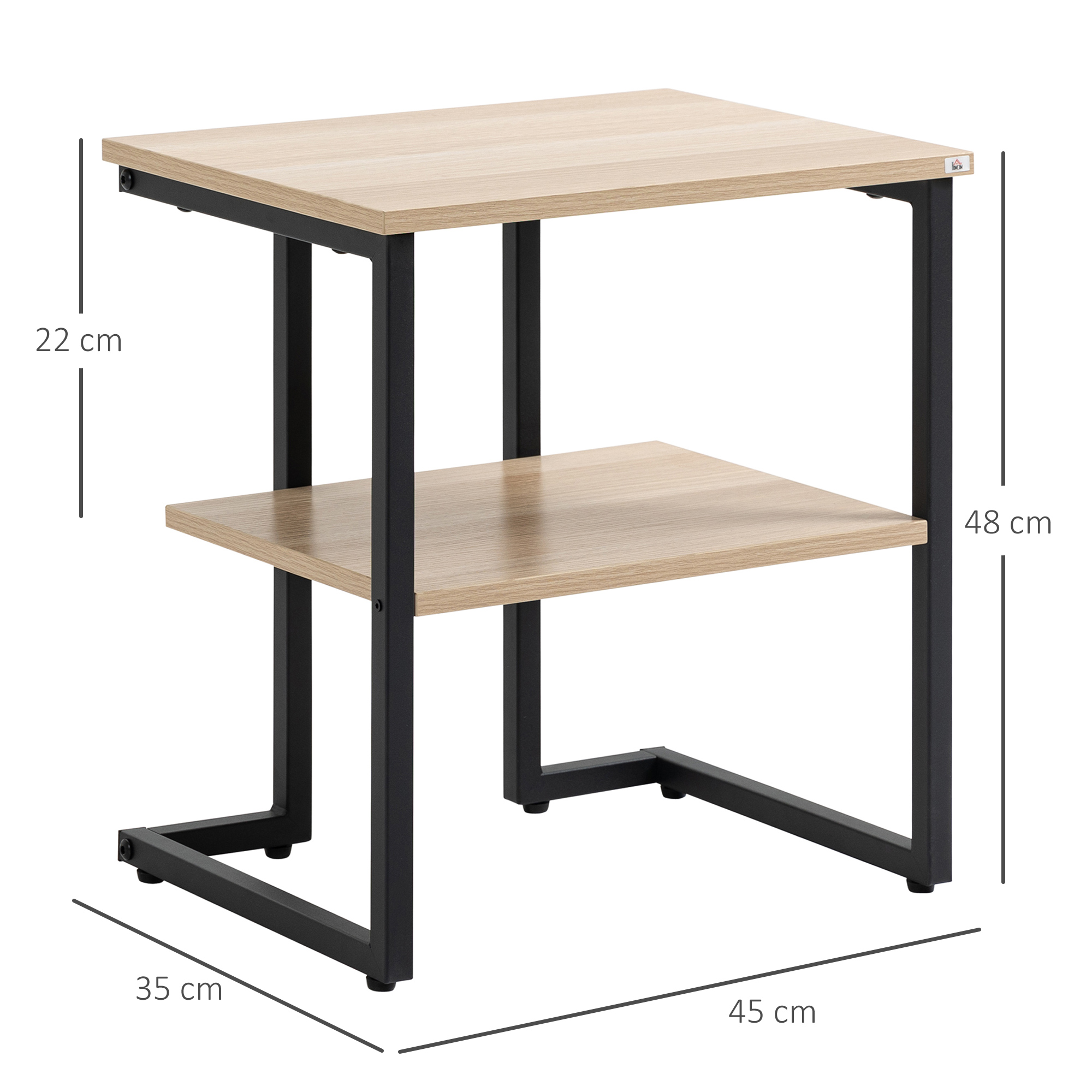 Mesa auxiliar de dos niveles. Estantes superior e inferior de madera clara. El marco es negro. Dimensiones etiquetadas.
