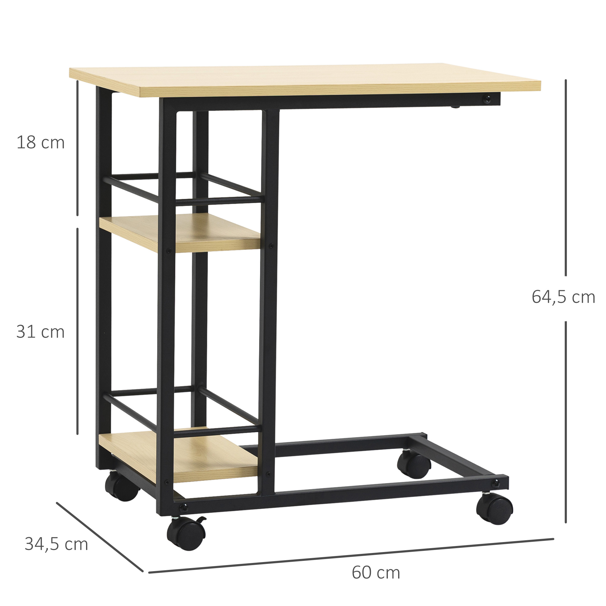 Una mesa auxiliar con tapa y estantes de madera clara, soportada por una estructura metálica negra con ruedas.