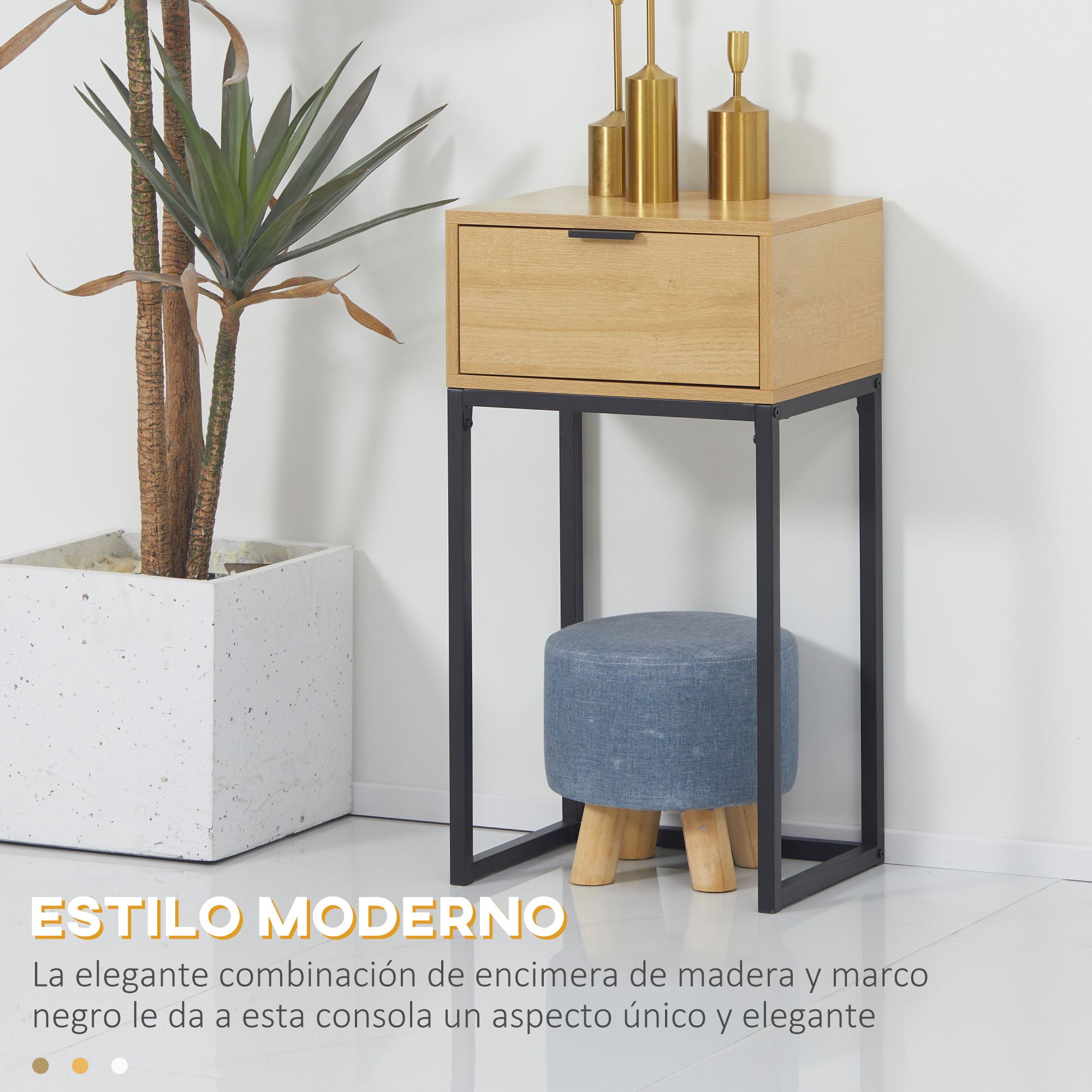 Consola moderna con tapa de madera, marco negro, taburete azul y planta. Decoración dorada arriba.