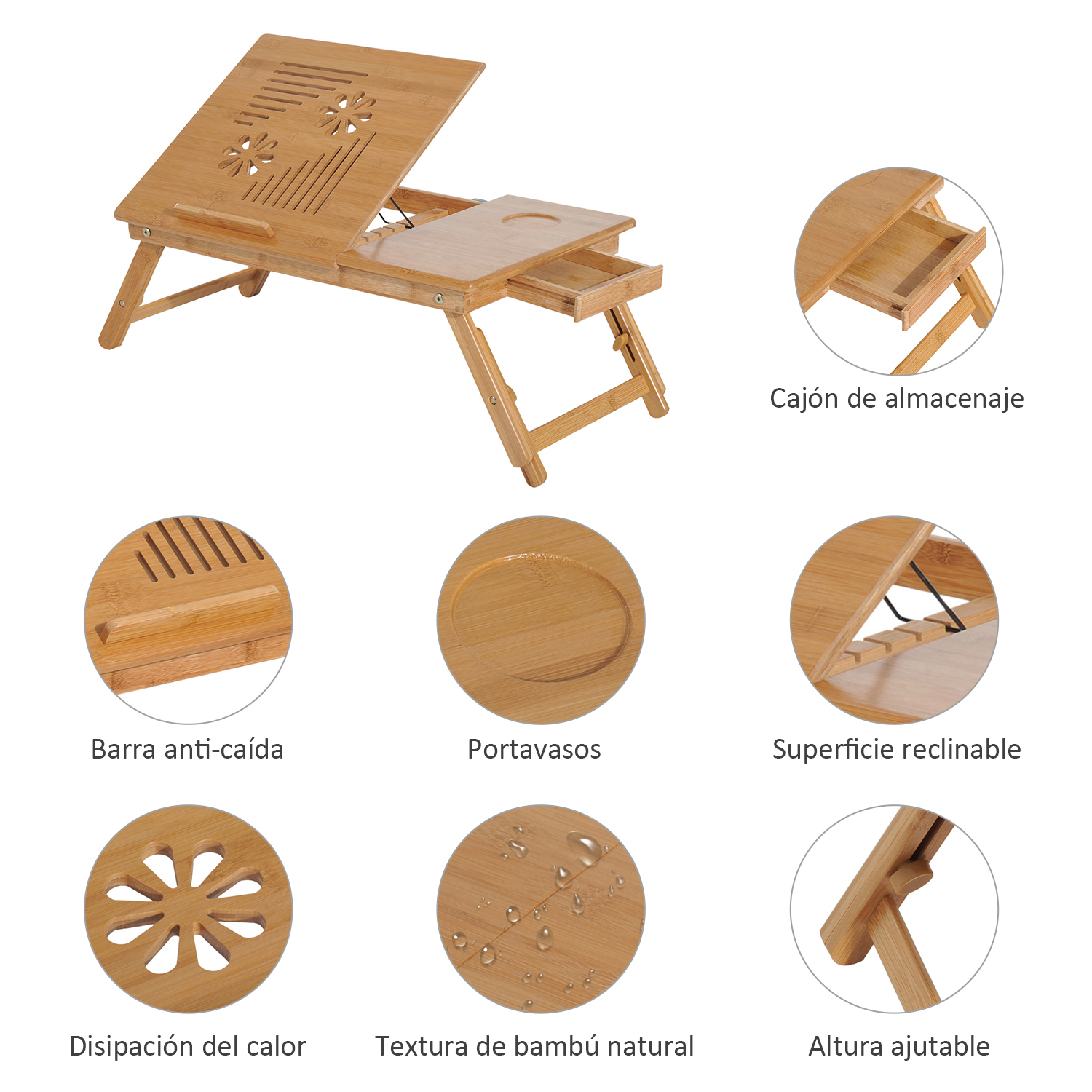 Escritorio para portátil de bambú con patas ajustables, cajón y portavasos. Incluye: barra anticaída, superficie reclinable y disipación calor.