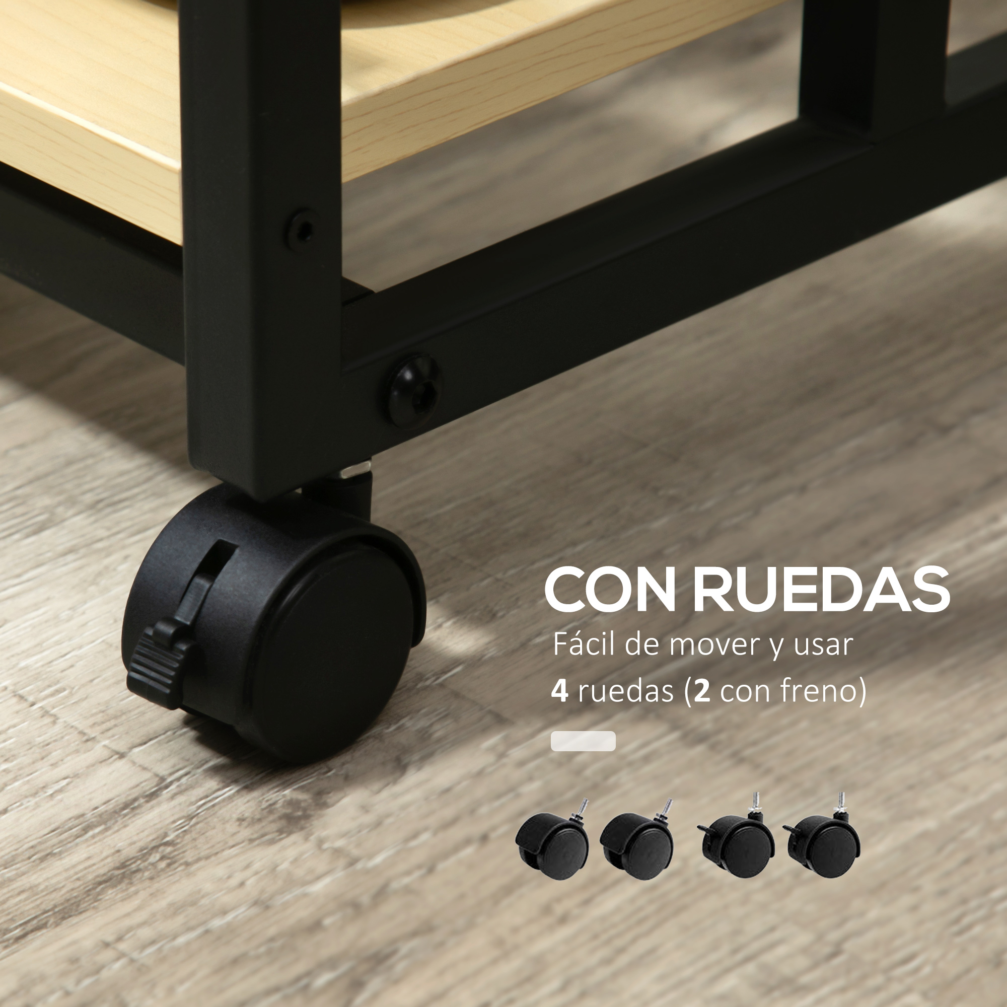 Primer plano de una rueda negra de un carro. El texto CON RUEDAS es visible. 4 ruedas, dos con freno.