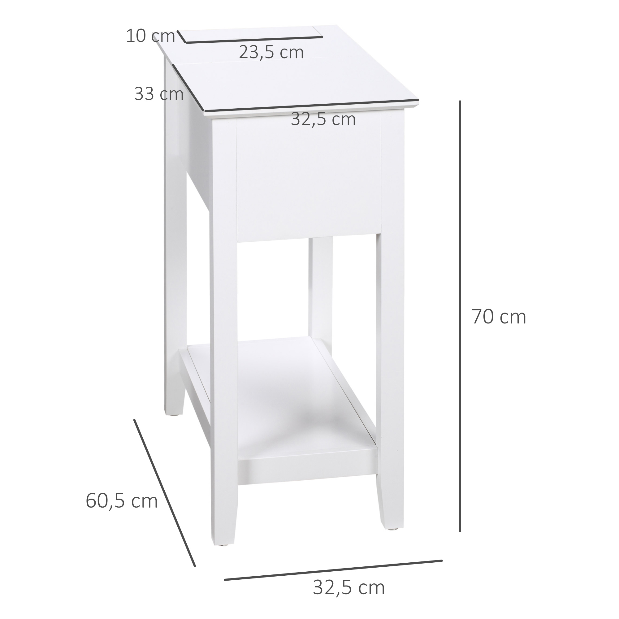 Mesita de noche blanca con dimensiones etiquetadas. Cuenta con un cajón y un estante inferior. Medidas en cm.