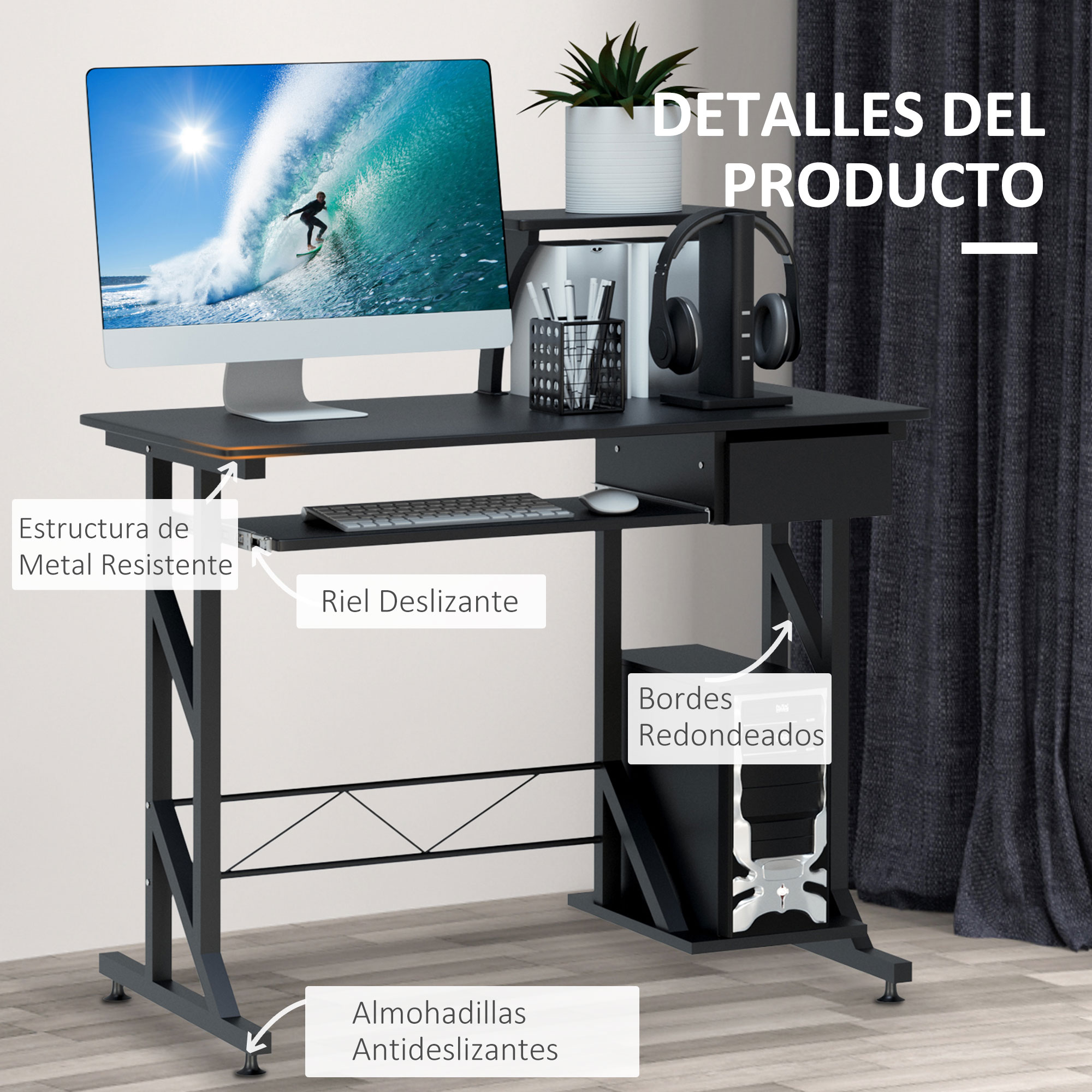 Escritorio de ordenador negro con monitor, teclado y auriculares. Tiene una torre de ordenador y varias partes etiquetadas.