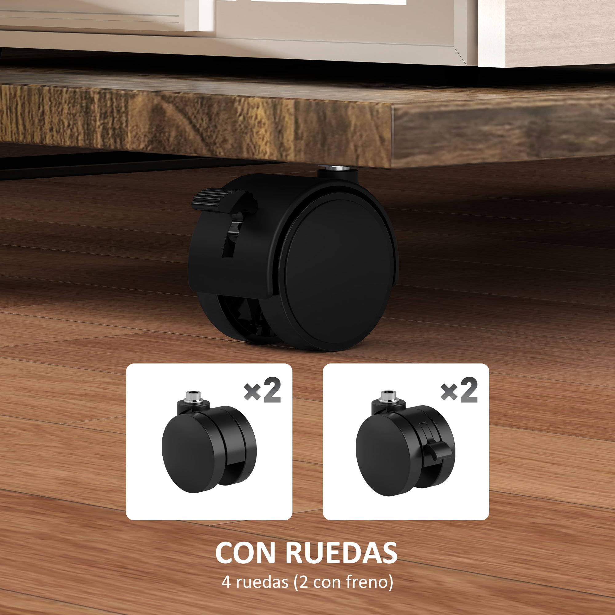 Vista de cerca de las ruedas de un mueble. Cuatro ruedas negras, dos con frenos. Suelo de madera.