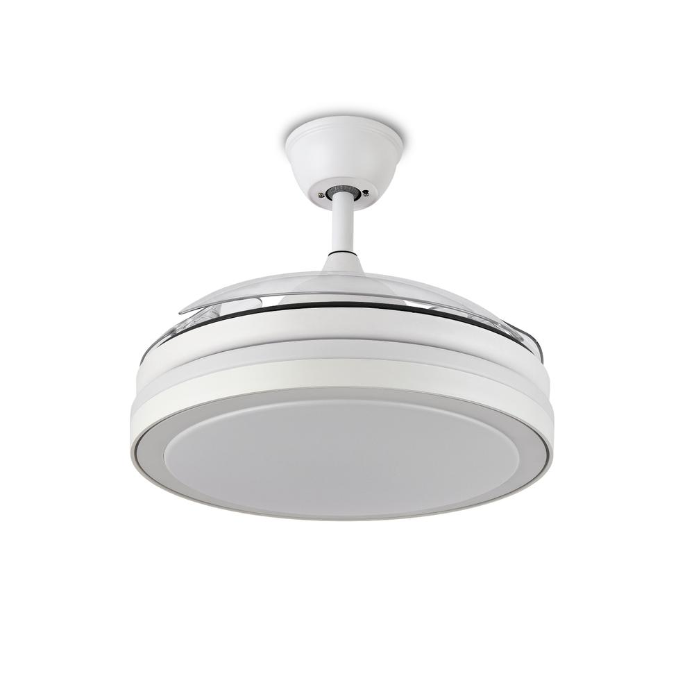 Un ventilador de techo blanco con luz integrada. El ventilador tiene un diseño redondeado con múltiples niveles circulares.
