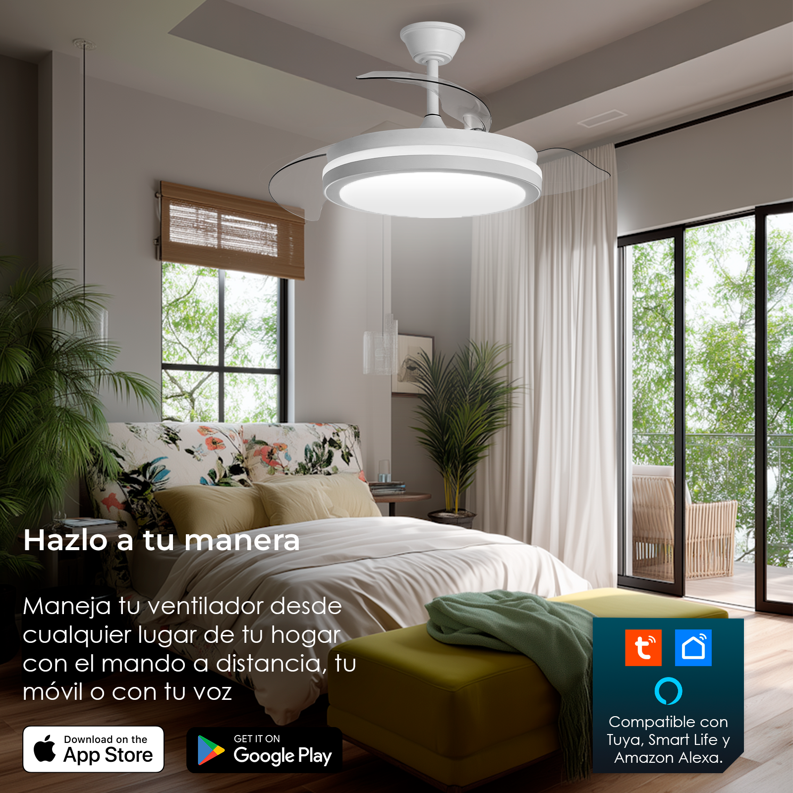 Un dormitorio muestra un ventilador de techo, cama y acceso a un balcón. El texto dice: controla tu ventilador desde cualquier lugar.