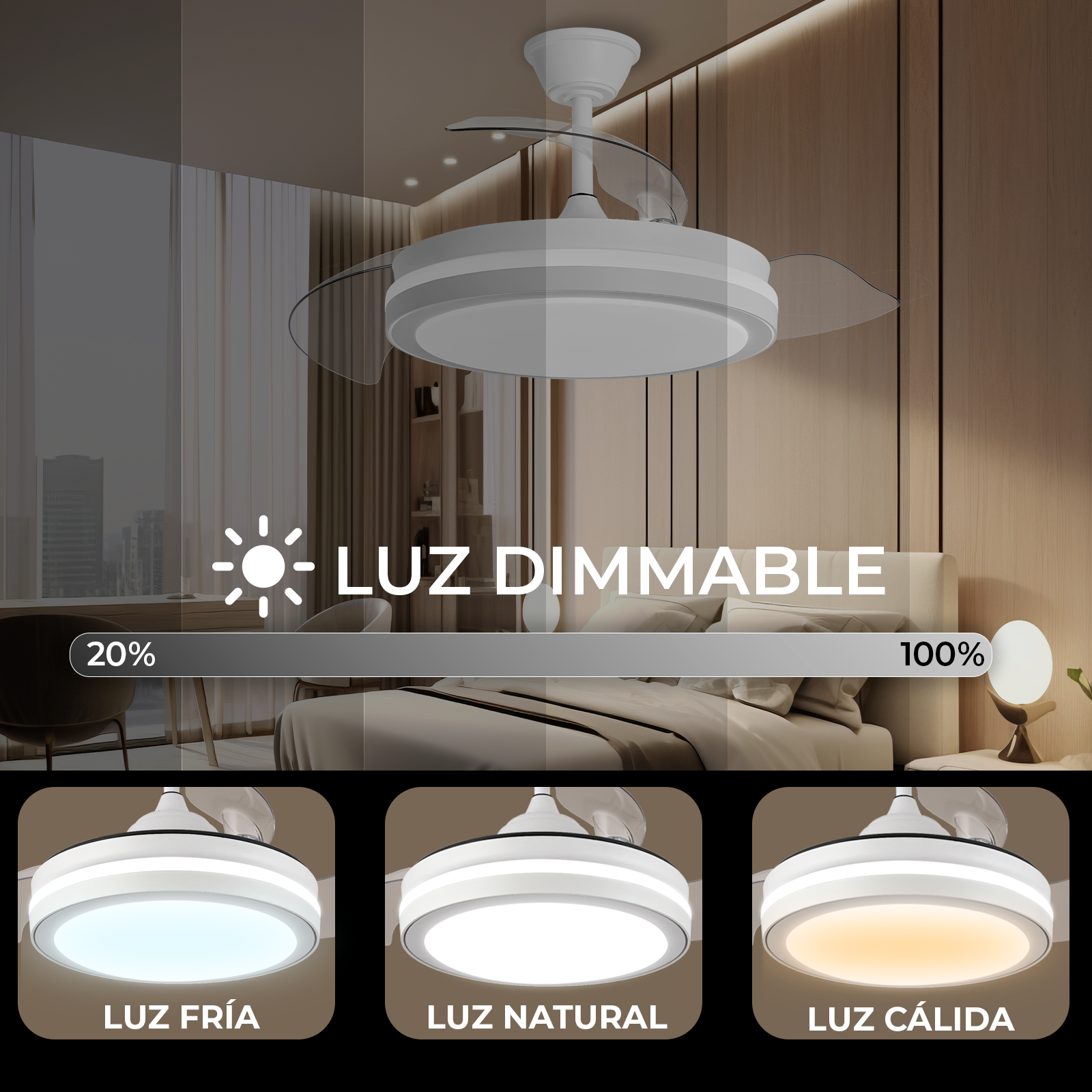 Se muestra un ventilador de techo blanco con luz integrada. Debajo hay tres opciones de color de luz: fría, natural y cálida.