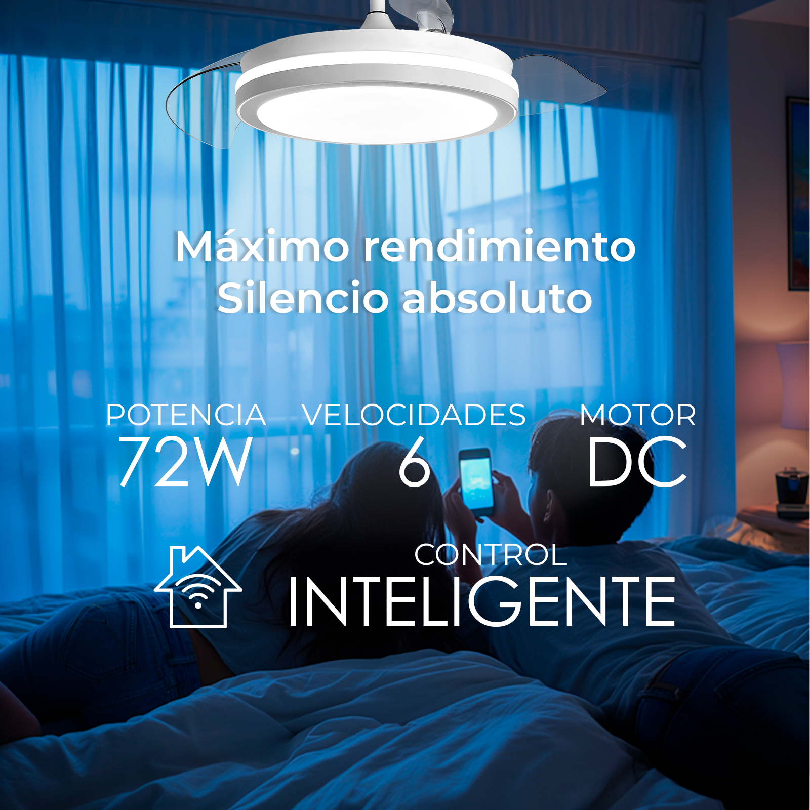 Una pareja acostada en la cama mira un teléfono. Un ventilador de techo con luz está encima de ellos. El texto destaca las características.