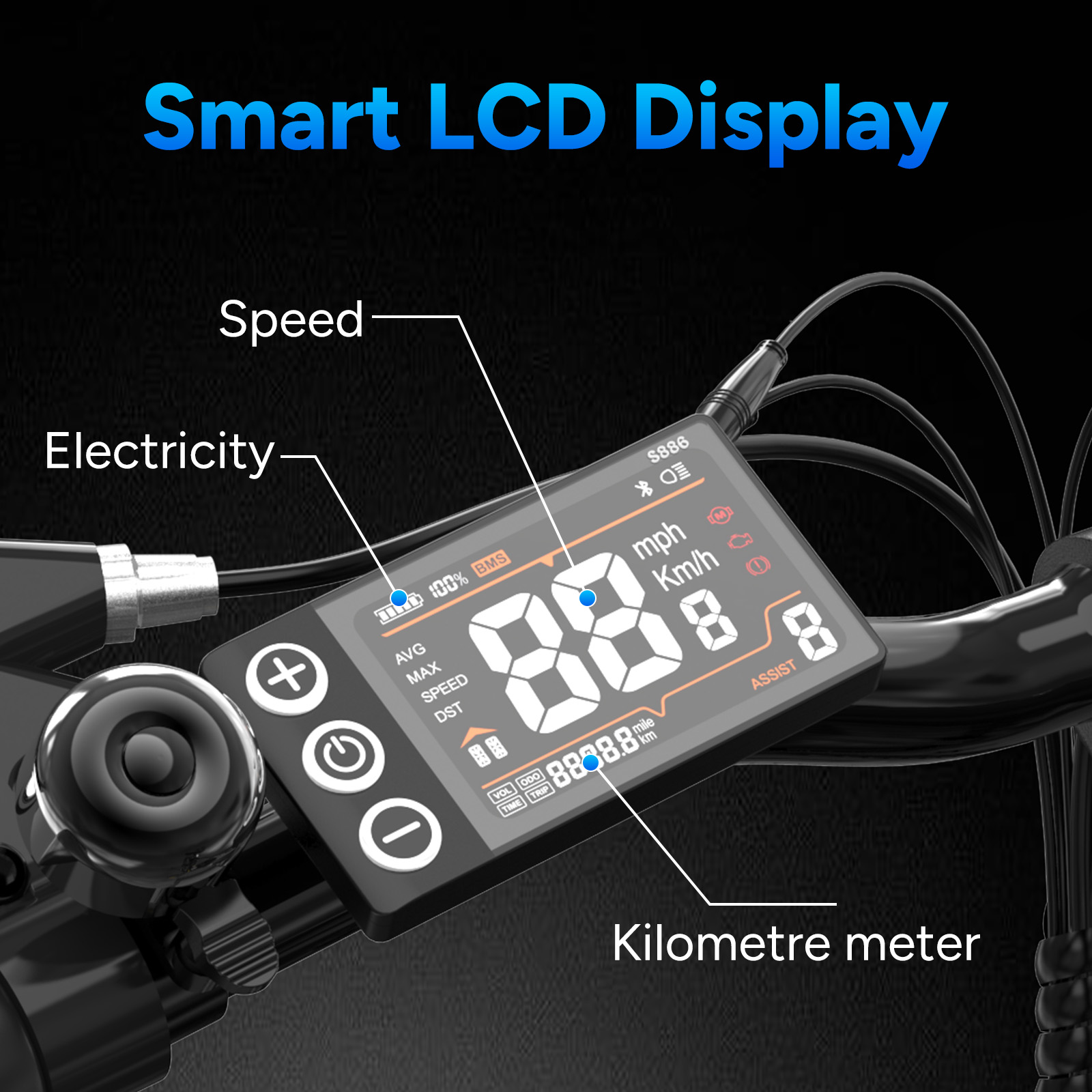 Nahaufnahme eines intelligenten LCD-Displays mit Geschwindigkeit, Strom und Kilometerzähler auf schwarzem Hintergrund.