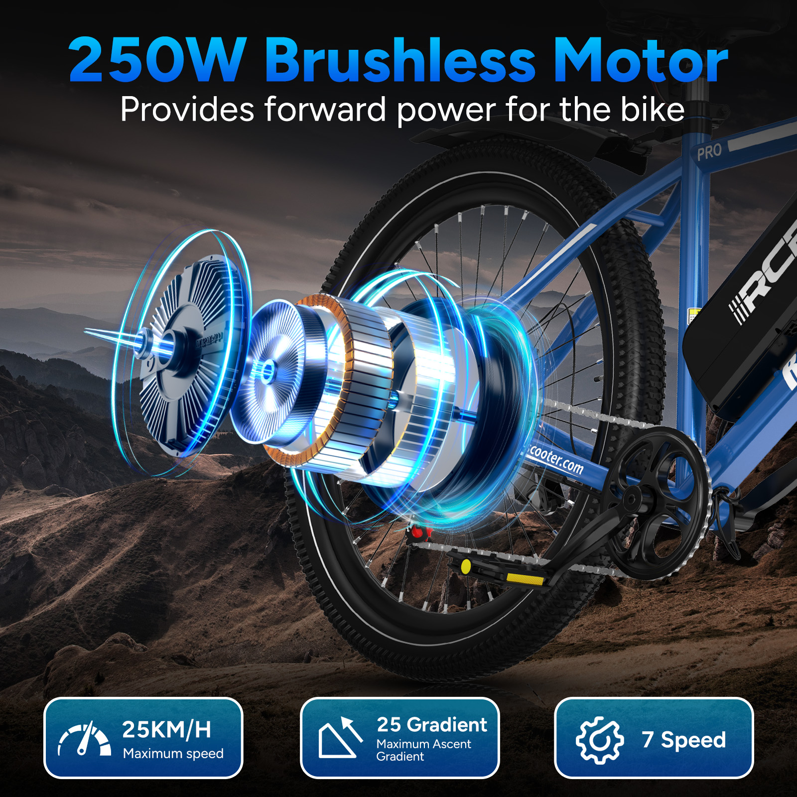 Blaues E-Bike mit 250W bürstenlosem Motor, Berg-Hintergrund. Geschwindigkeits- und Steigungsinformationen werden ebenfalls angezeigt.