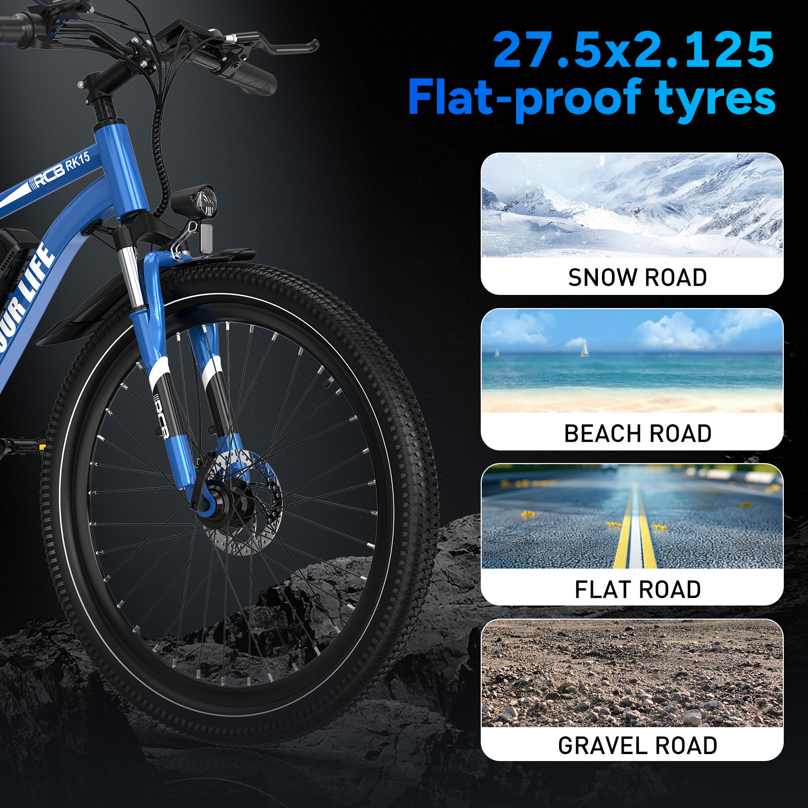 Blaues Fahrrad mit schwarzen Reifen. Text zeigt 'Flat-proof tyres'. Straßenoptionen: Schnee, Strand, flach, Schotter.