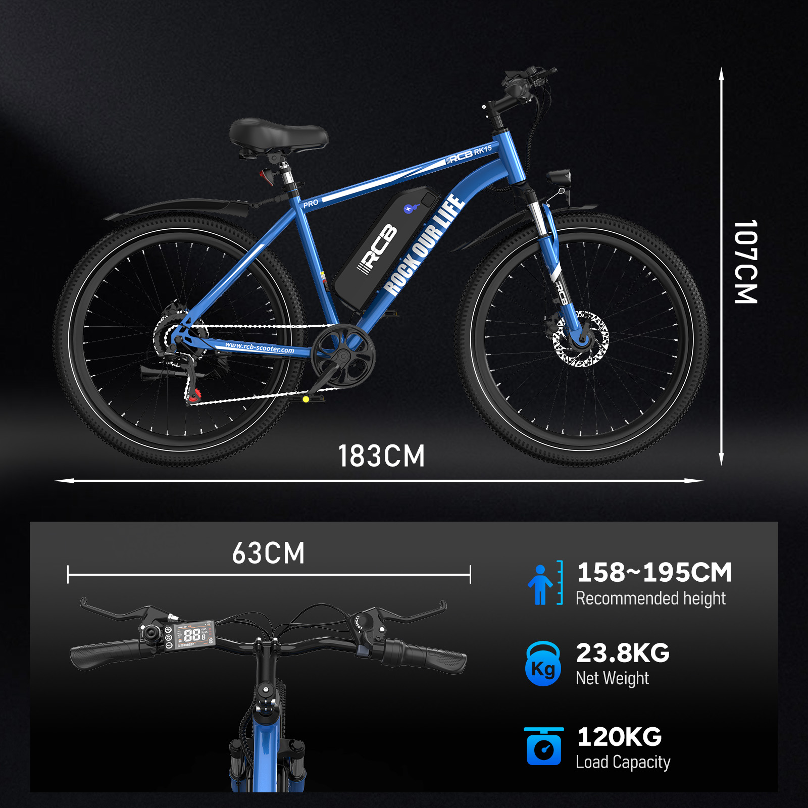 Blaues Elektrofahrrad mit schwarzen Reifen und Rahmen. Zeigt Abmessungen und Spezifikationen.