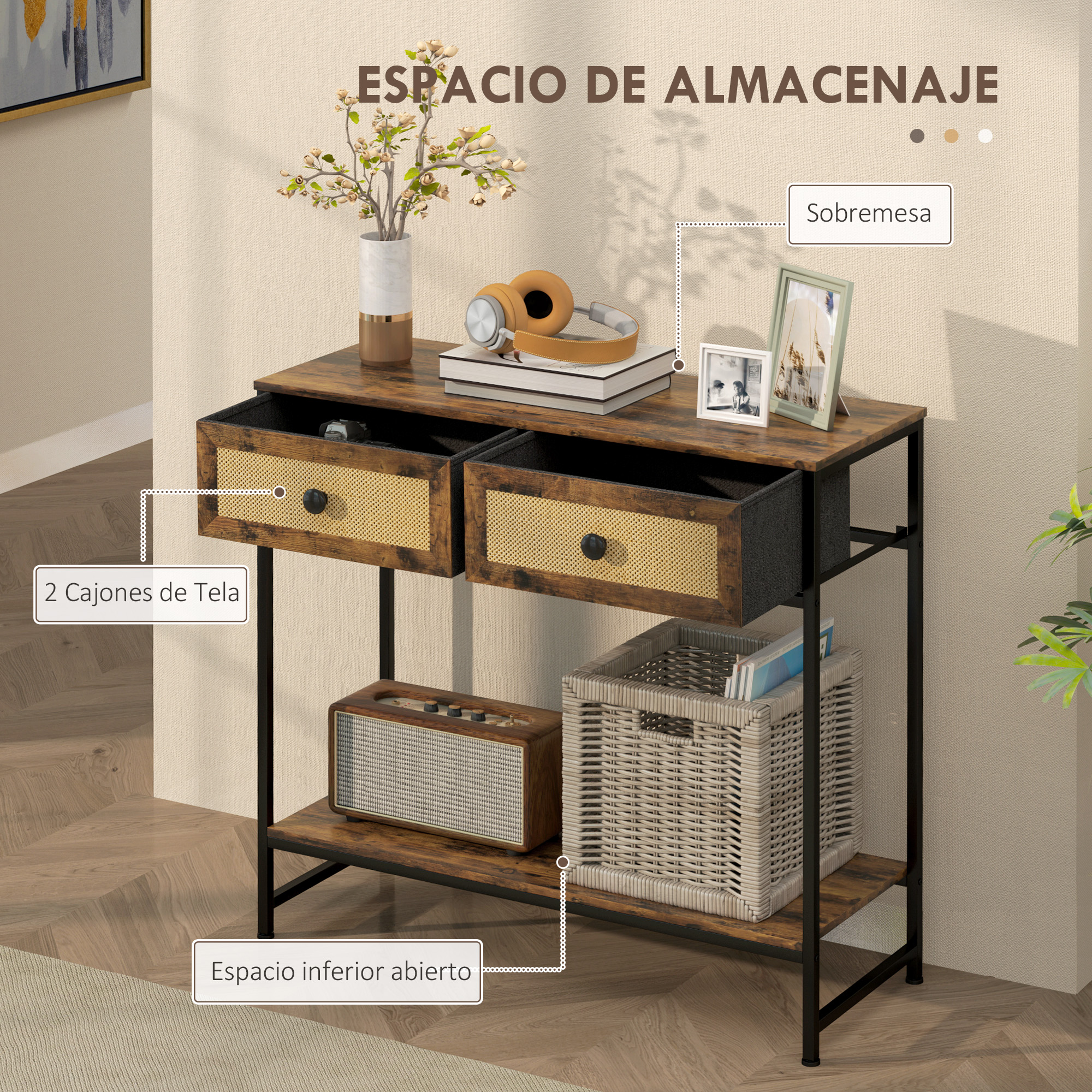 Una consola de madera marrón con dos cajones, un estante y una cesta. Auriculares y fotos encima.
