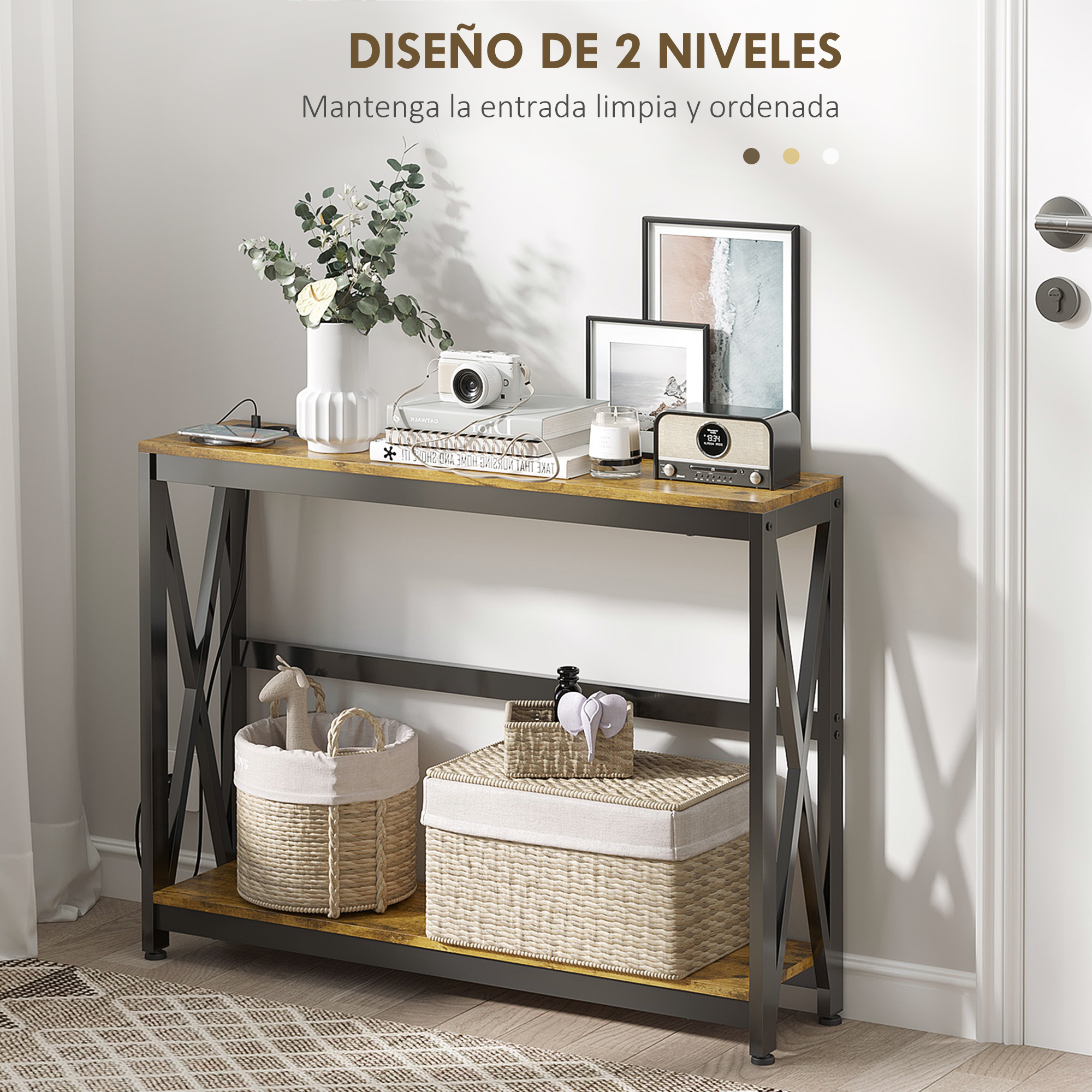 Mesa de entrada de dos niveles con decoración. Incluye cestas, libros, una cámara y una radio sobre madera.