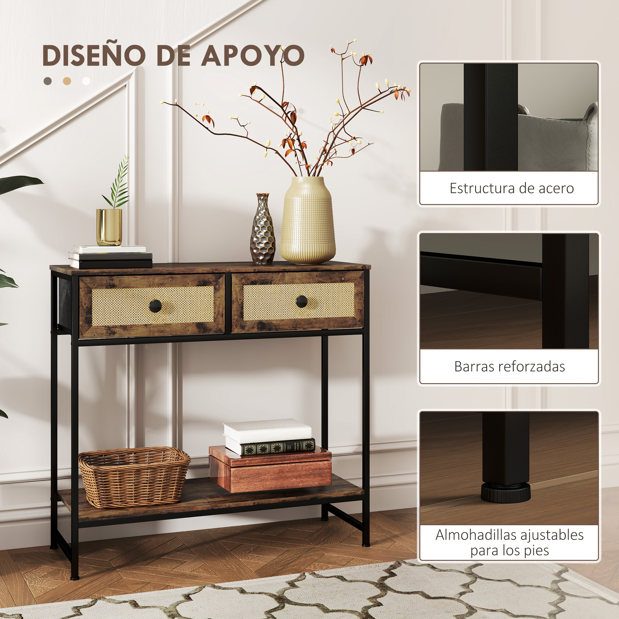 Una consola marrón con dos cajones, un estante y un marco de metal negro. Tiene un jarrón y decoración encima.