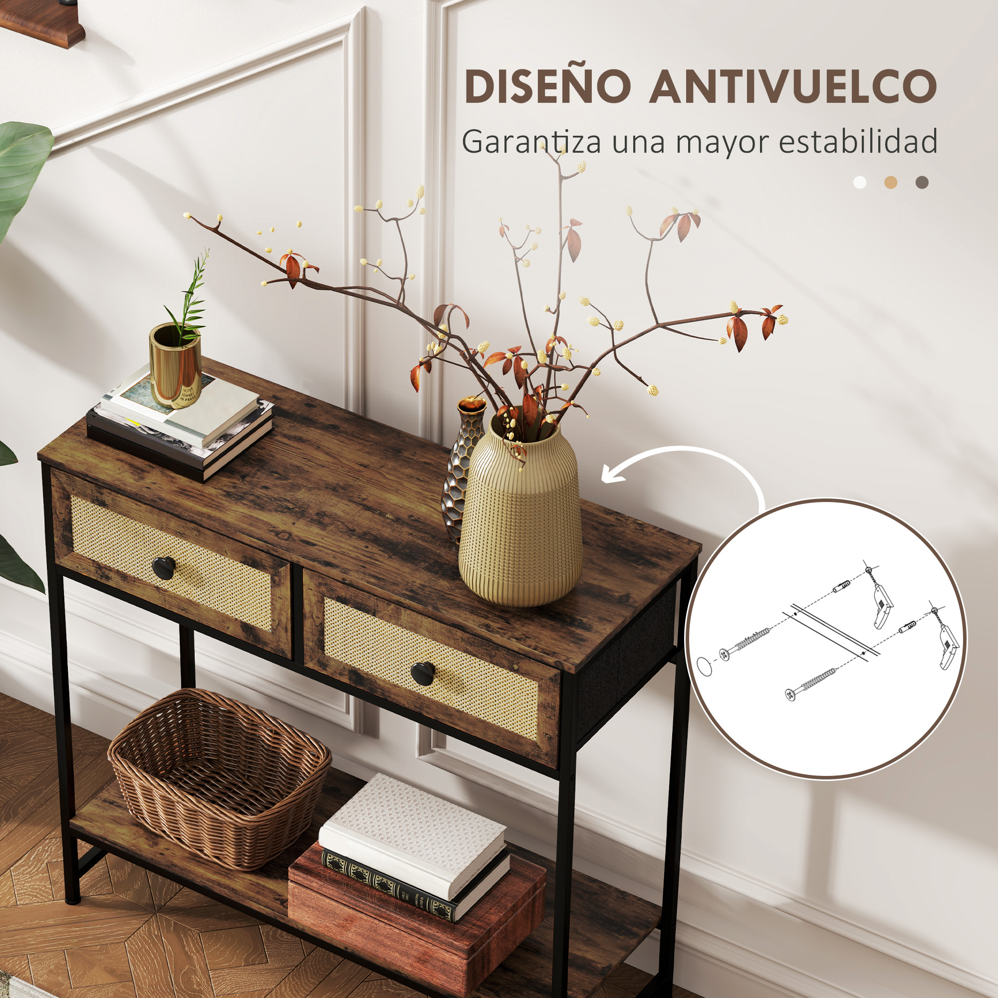 Una consola de madera marrón con dos cajones, un estante y varios elementos decorativos, con un diagrama al lado.