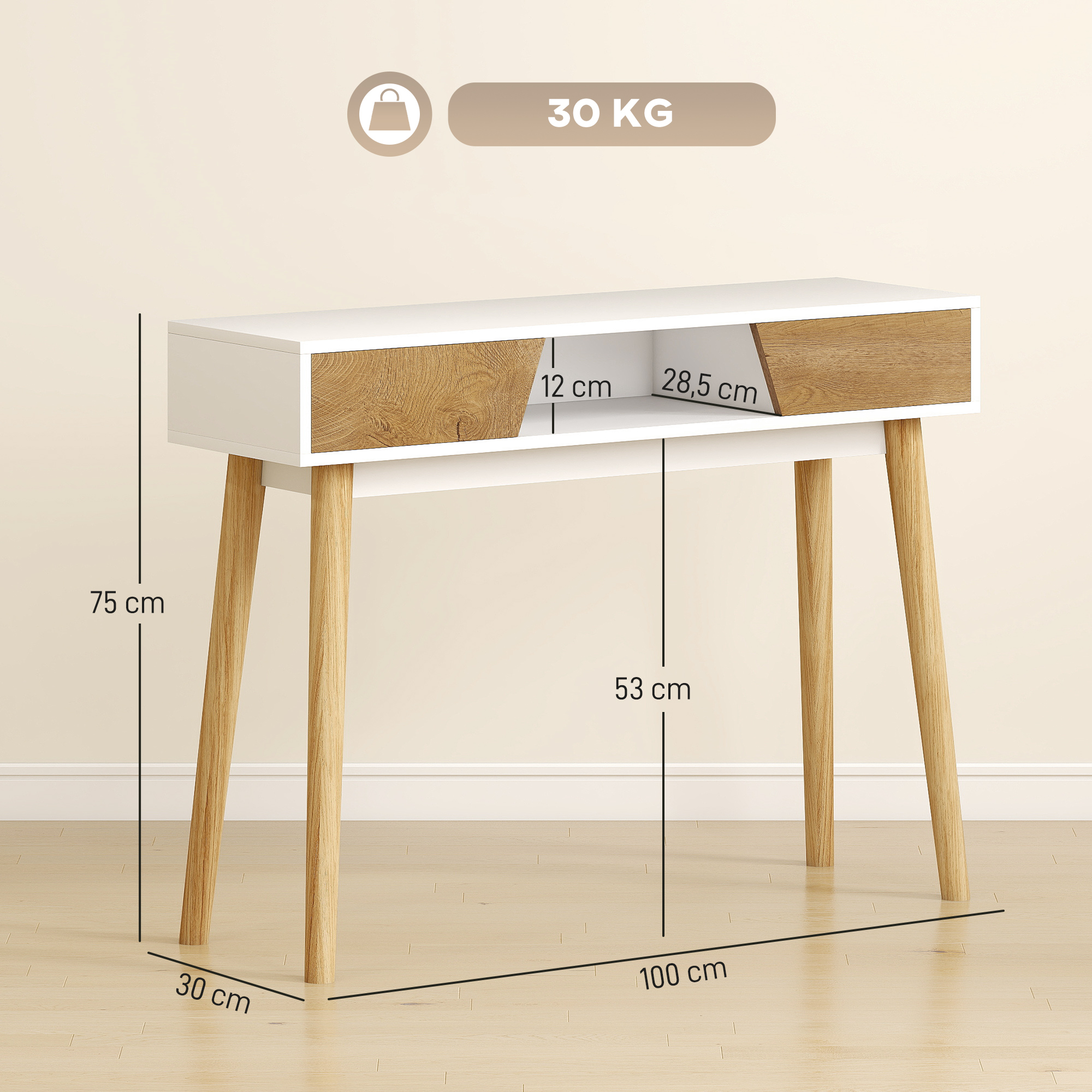 Consola blanca y de madera. Tiene dos cajones, cuatro patas y mide 100 cm de ancho y 75 cm de alto.