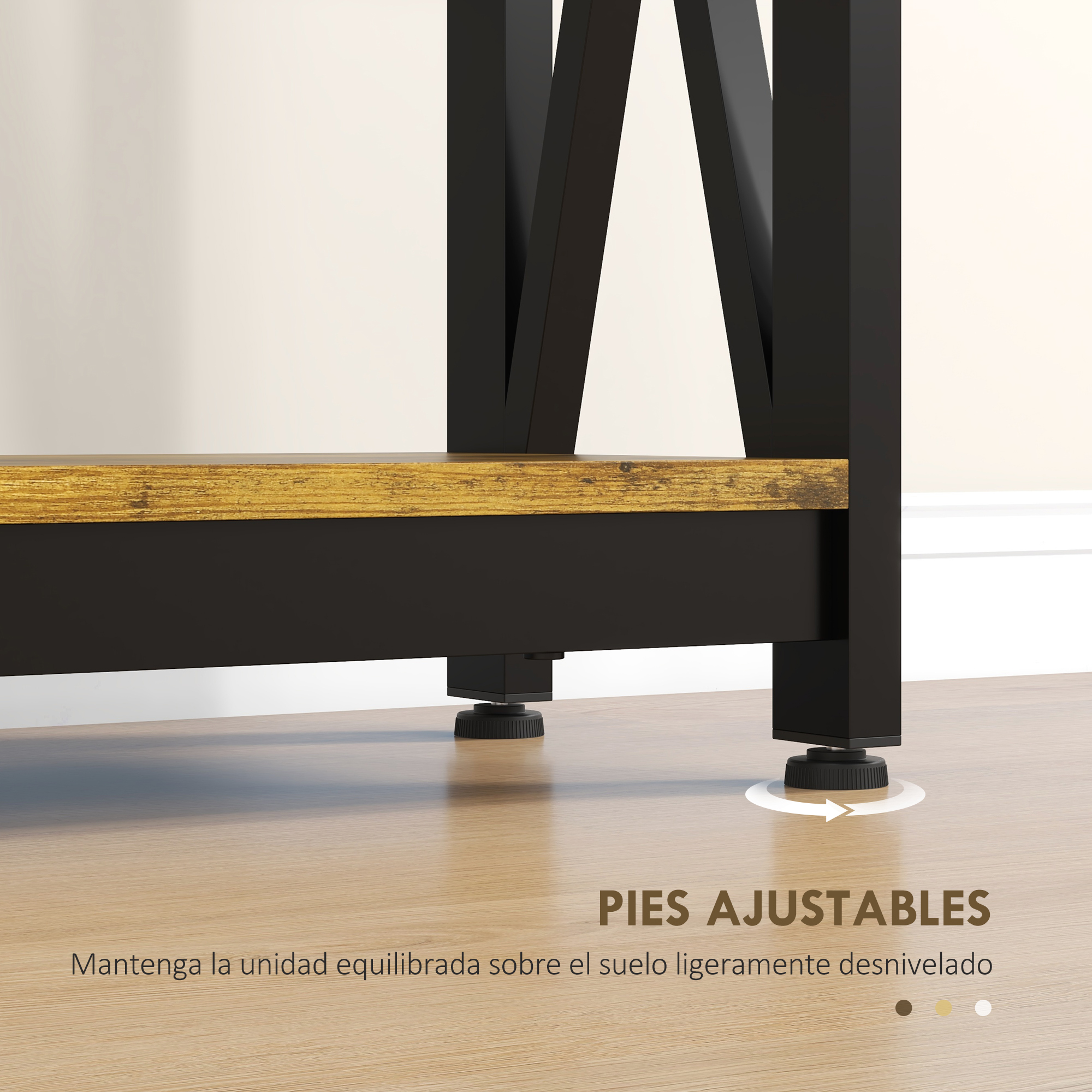 Primer plano de una pata de mesa con pies ajustables. La mesa tiene un marco negro y una tapa de madera.