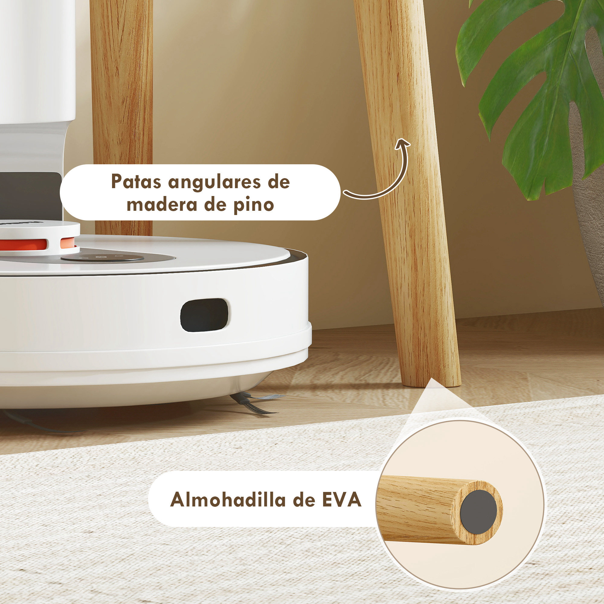Una aspiradora robot blanca, patas de mesa de madera y una planta verde en maceta.