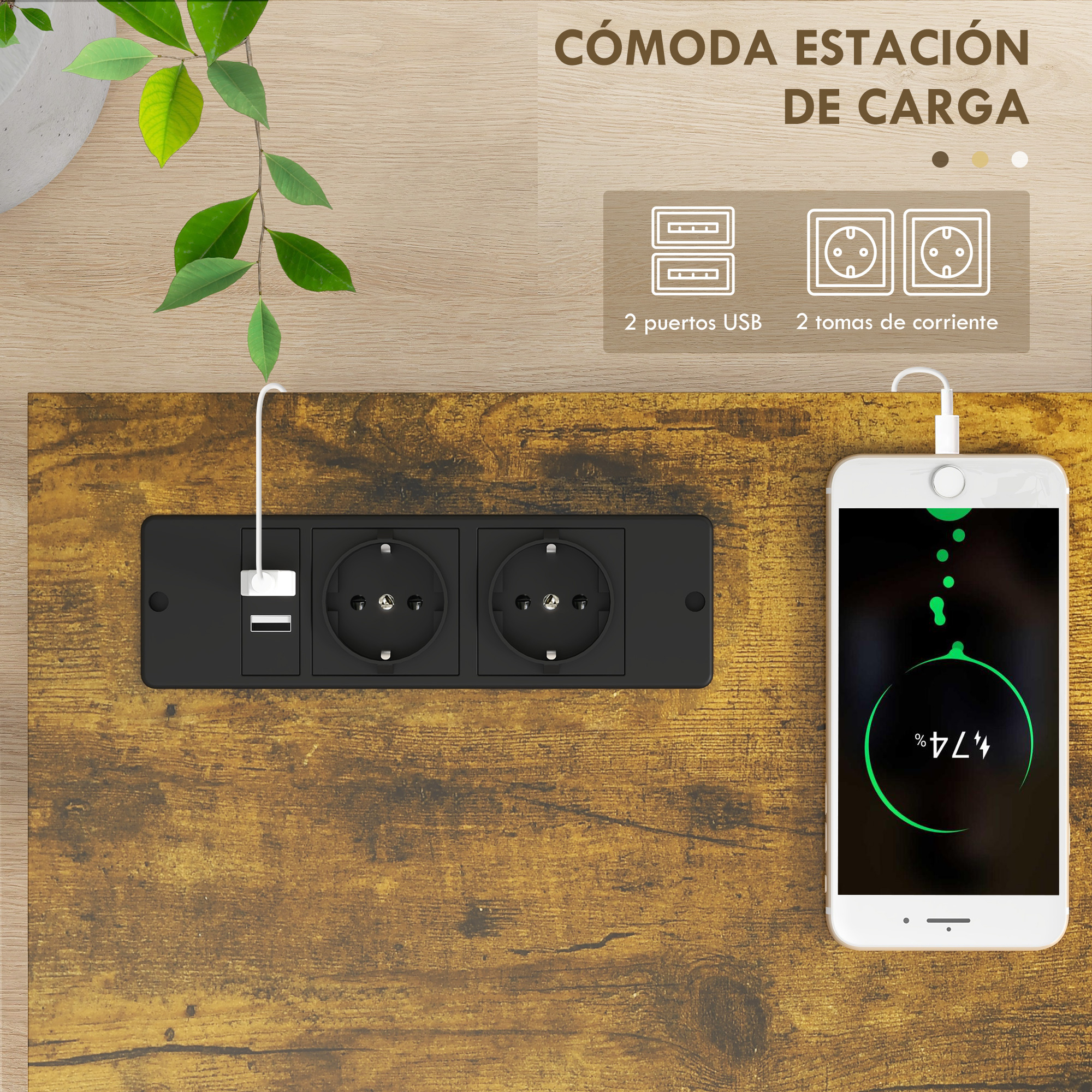Un teléfono cargando al 74% en una mesa de madera. Una regleta con puertos USB y enchufes es visible.