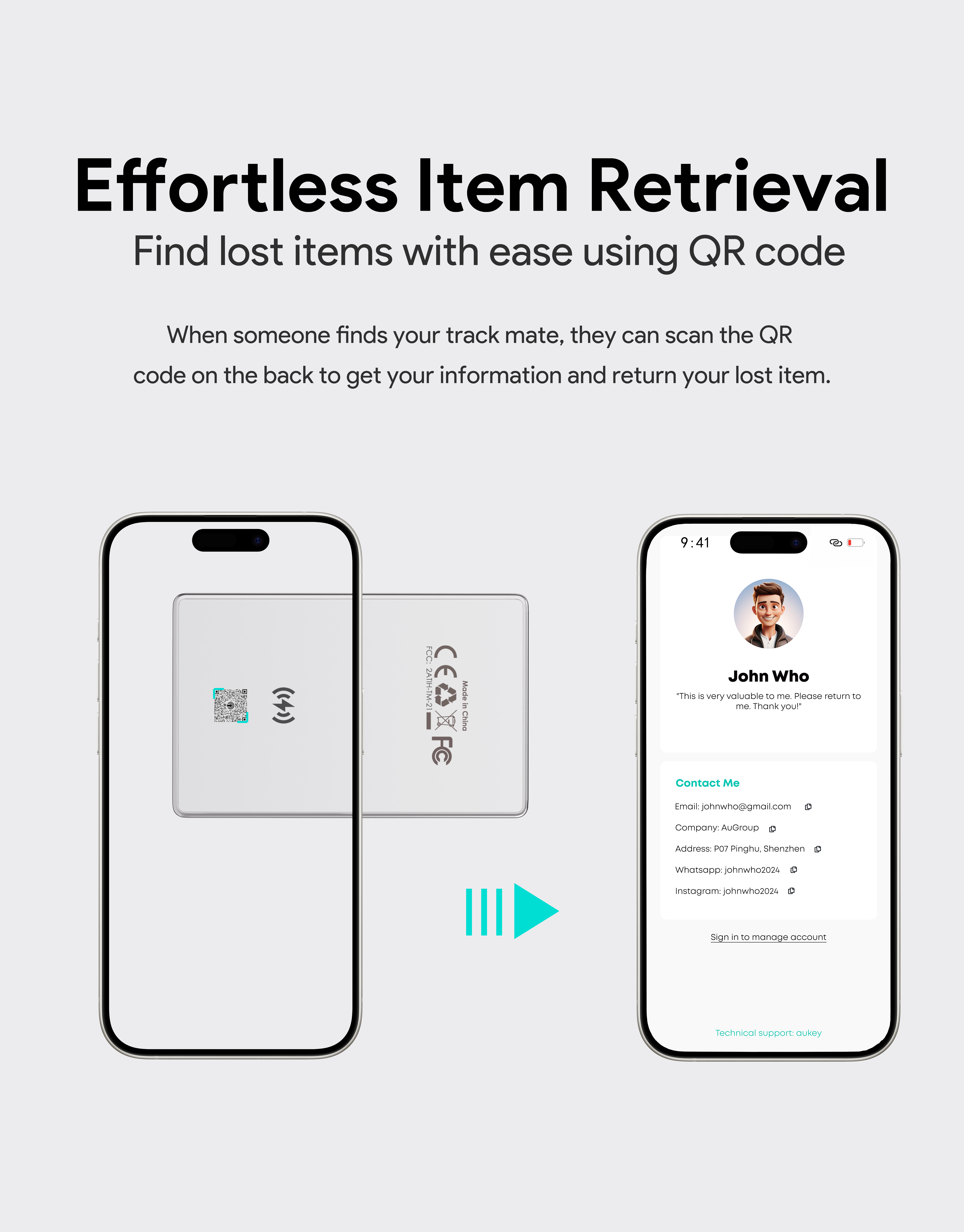 La imagen muestra dos teléfonos con un dispositivo de rastreo. Un teléfono muestra información de contacto. El texto dice 'Effortless Item Retrieval'.