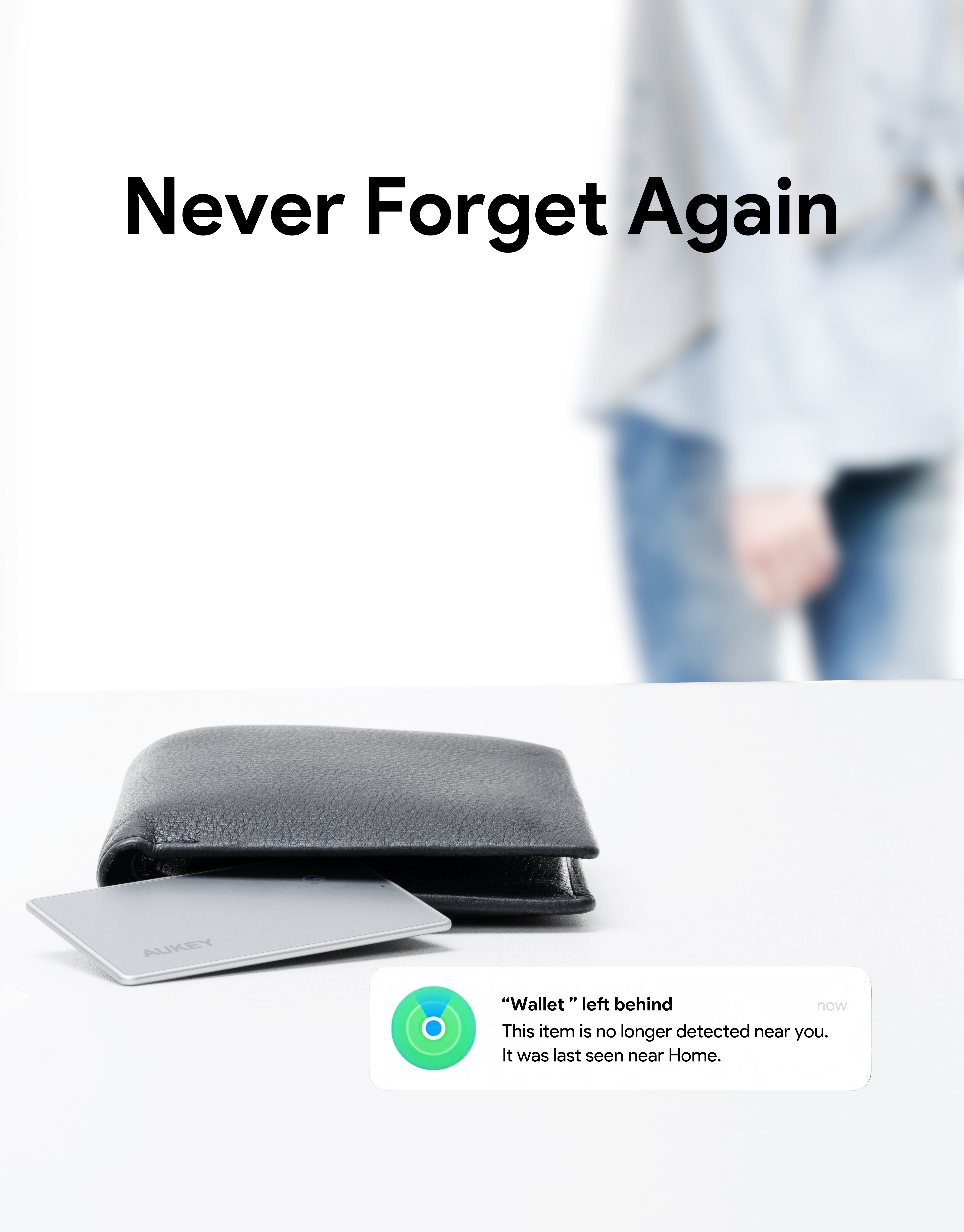 Una cartera y una tarjeta de seguimiento sobre una superficie blanca. El texto dice 'Never Forget Again'.
