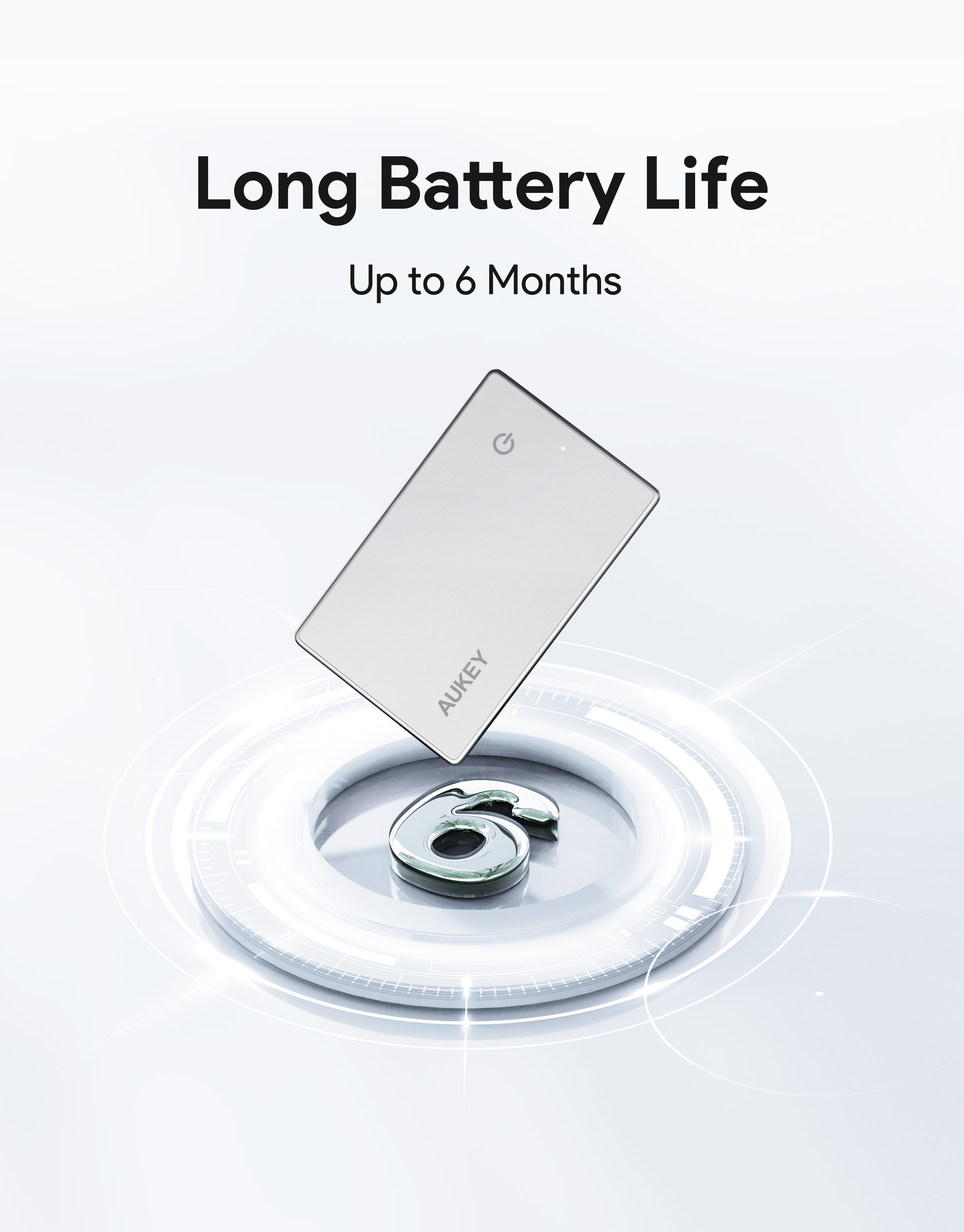 Un banco de energía rectangular blanco con el logotipo de AUKEY, un número 6 cromado y texto: Larga duración de la batería Hasta 6 meses.