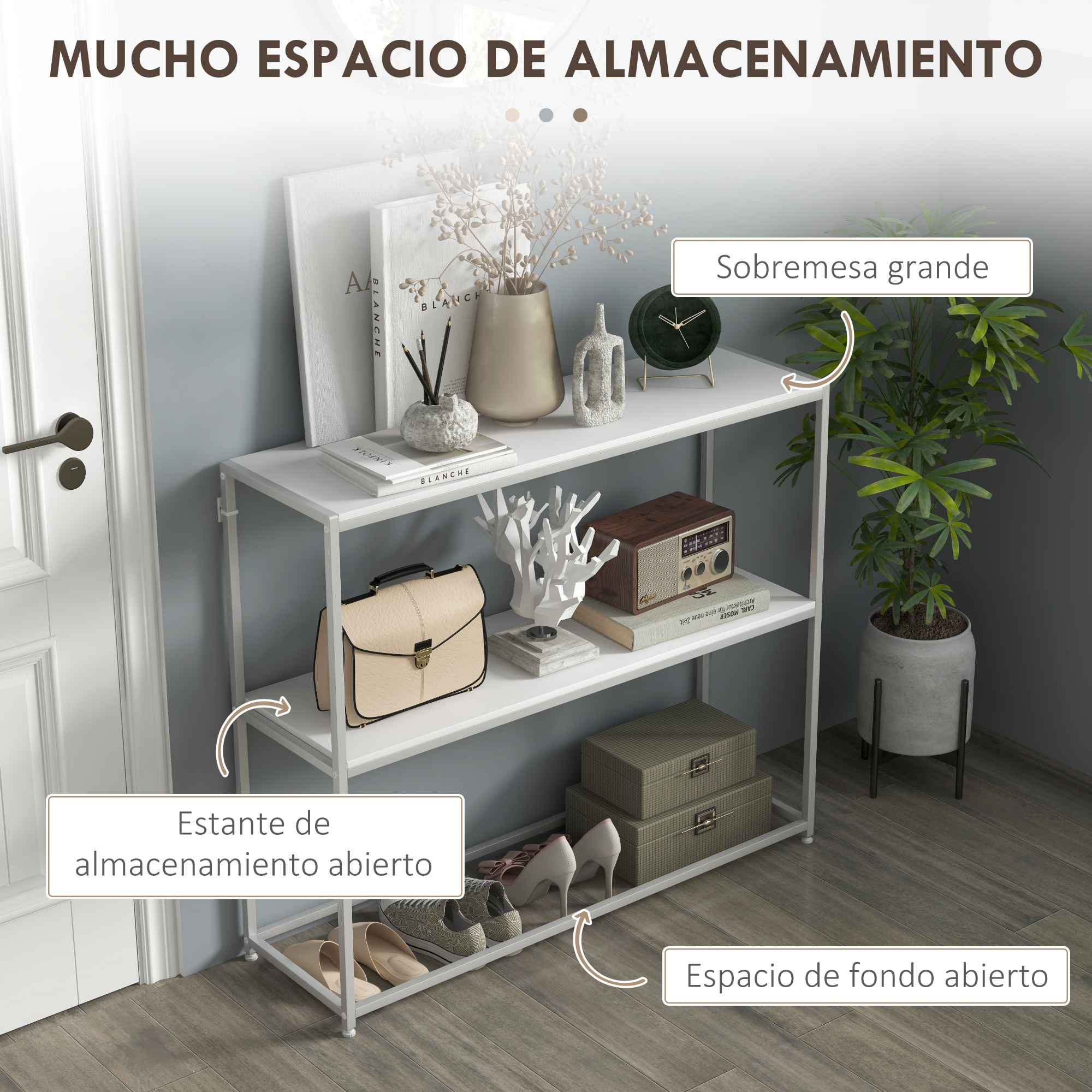 Un estante blanco con artículos como un bolso, libros, una radio y plantas. Los zapatos están en el estante inferior.