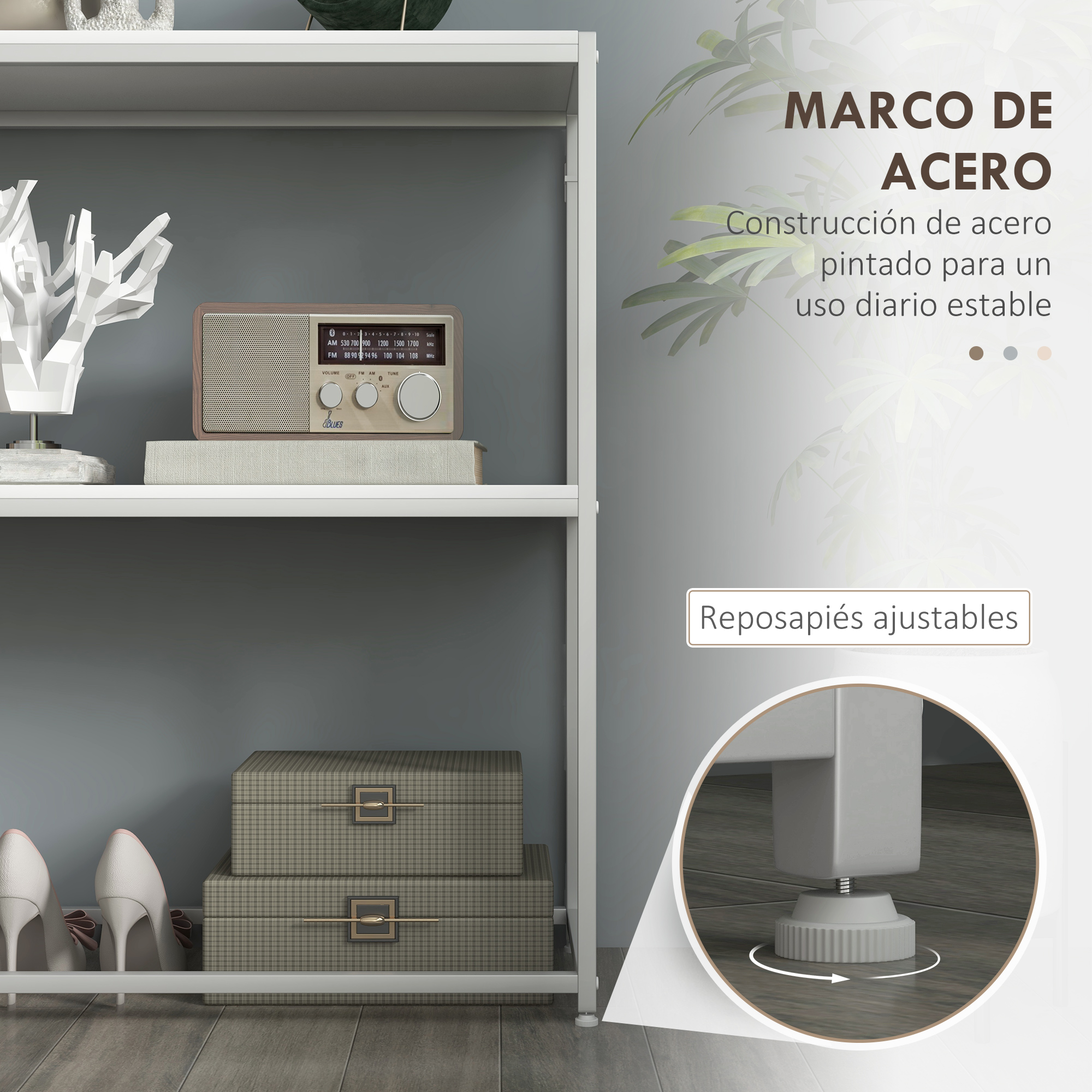 Estantería blanca con radio, cajas y zapatos. Primer plano de un pie ajustable visible.